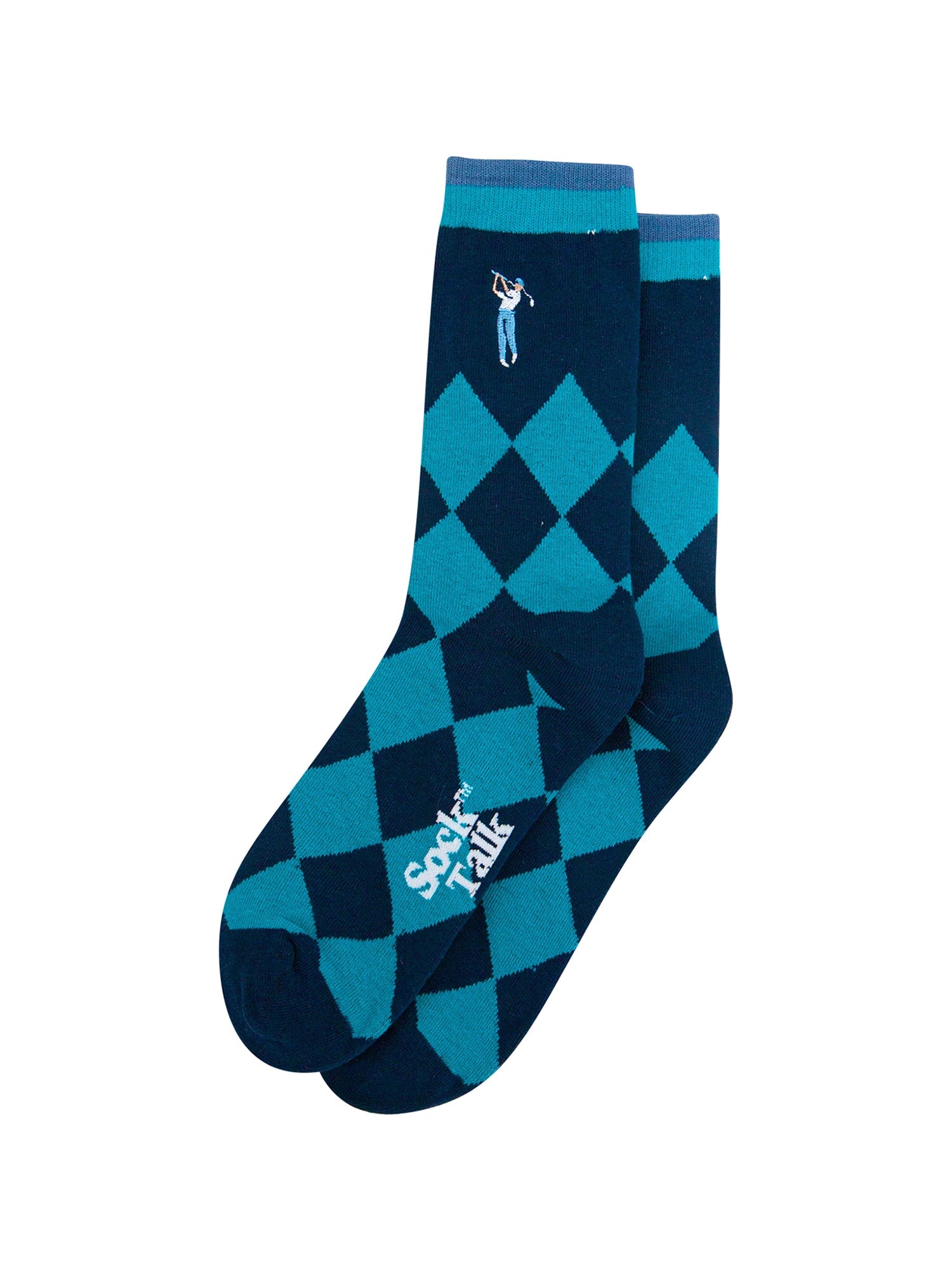 Embroidered-Golfer-Argyle-Combed-Cotton-Socks-in-Blue-Lying-Flat