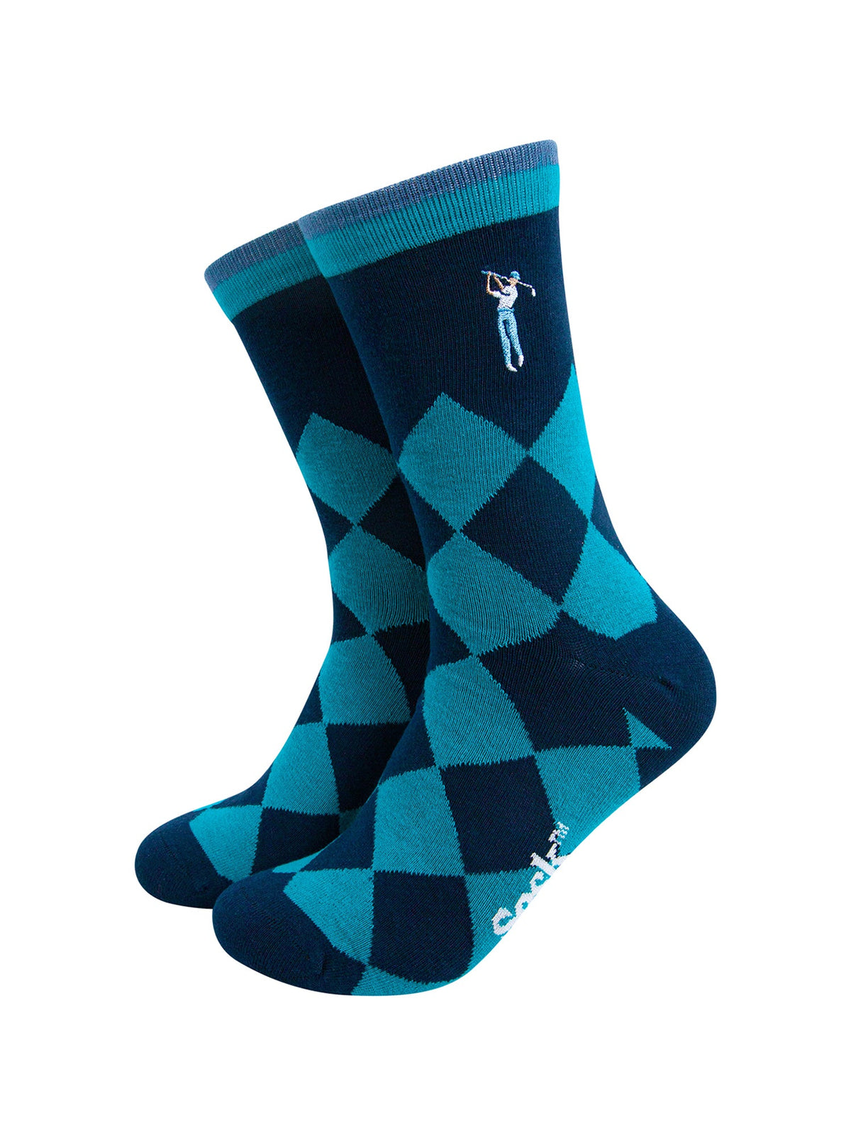 Golfer Embroidered Combed Cotton Crew Socks Christmas Cracker Gift Box in Blue