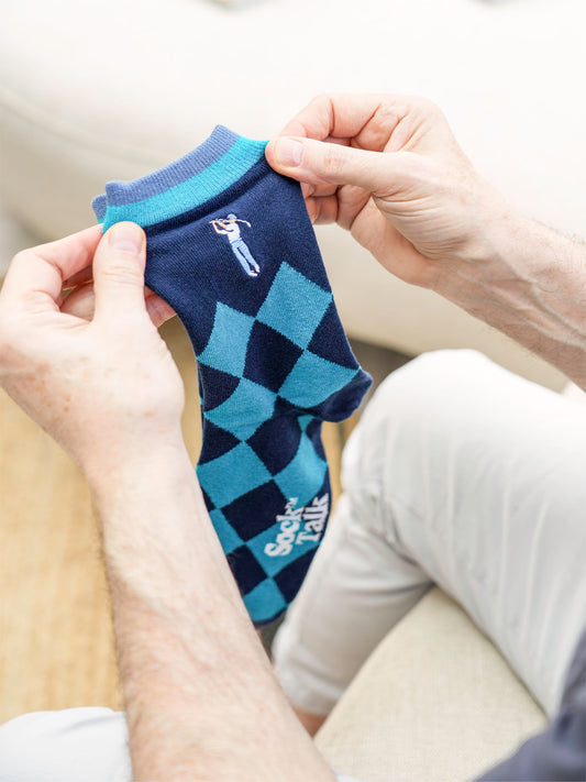 Embroidered Golfer Argyle Combed Cotton Socks in Blue