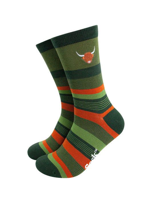 Embroidered-Highland-Cow-Striped-Combed-Cotton-Socks-in-Khaki-Mannequin