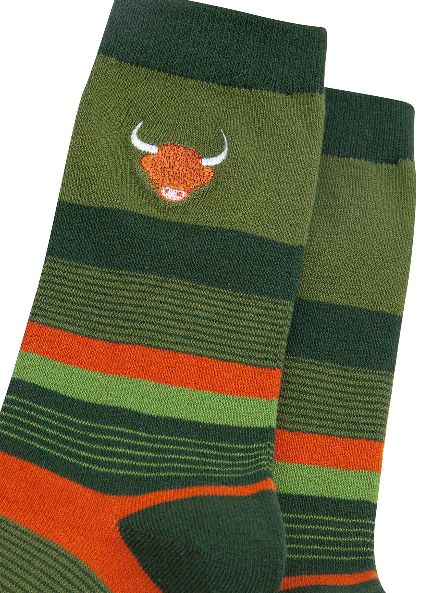 Embroidered-Highland-Cow-Striped-Combed-Cotton-Socks-in-Khaki-Closeup