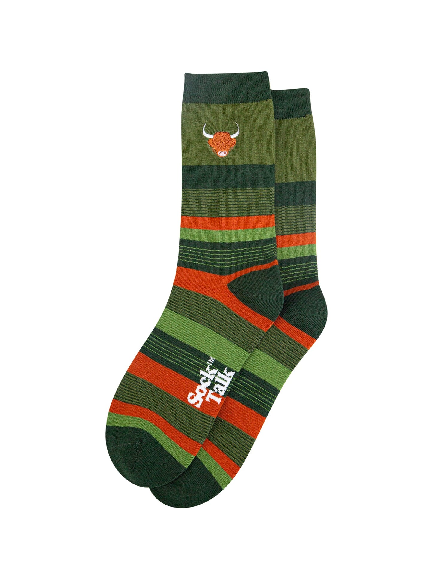 Embroidered-Highland-Cow-Striped-Combed-Cotton-Socks-in-Khaki-Lying-Flat