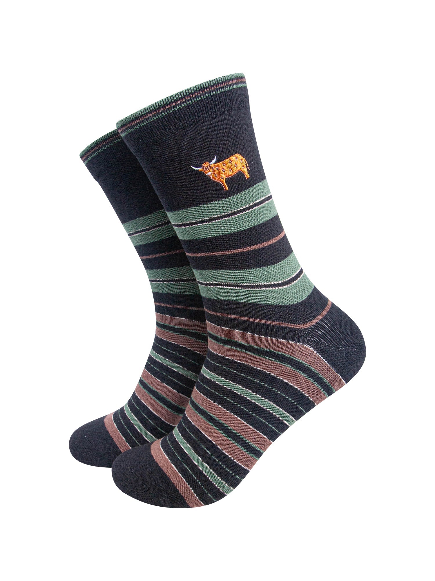 Highland-Cow-Combed-Cotton-Pattern-Embroidered-Socks-in-Black/Sage-Green-On-Mannequin