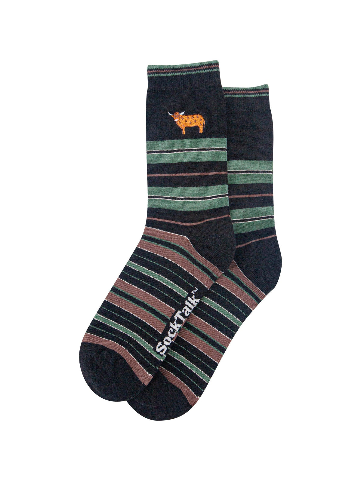 Highland-Cow-Combed-Cotton-Pattern-Embroidered-Socks-in-Black/Sage-Green-Laid-Flat