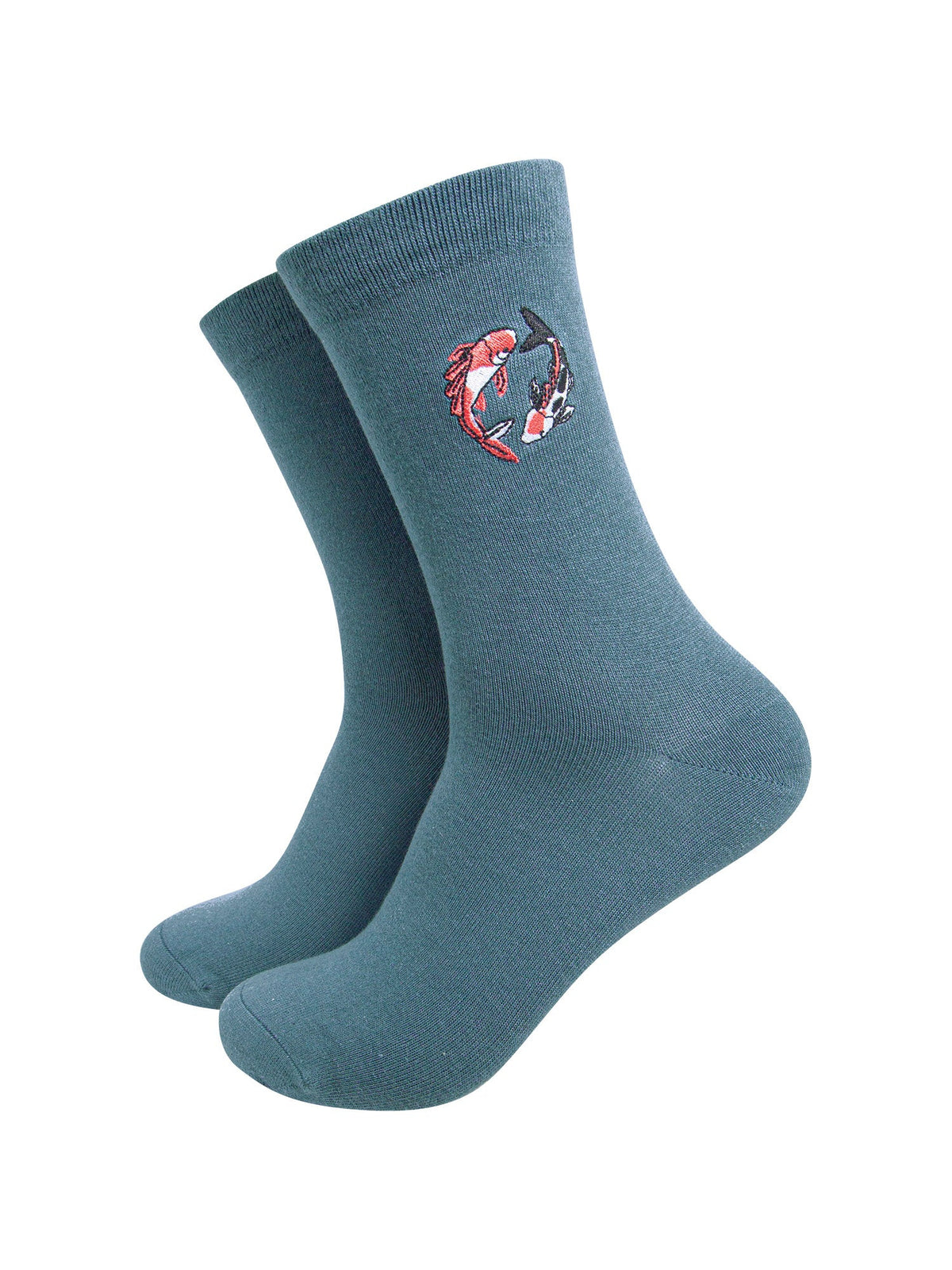 Koi-Fish-Combed-Cotton-Pattern-Embroidered-Socks-in-Teal-On-Mannequin