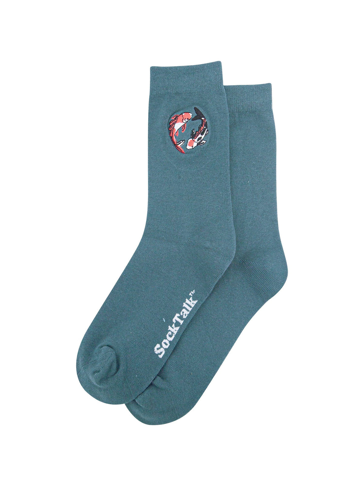 Koi-Fish-Combed-Cotton-Pattern-Embroidered-Socks-in-Teal-Laid-Flat