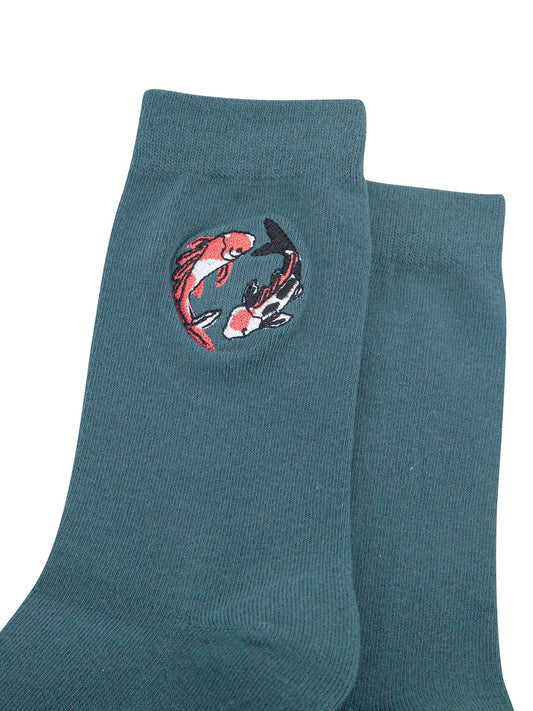 Koi-Fish-Combed-Cotton-Pattern-Embroidered-Socks-in-Teal-Close-Up