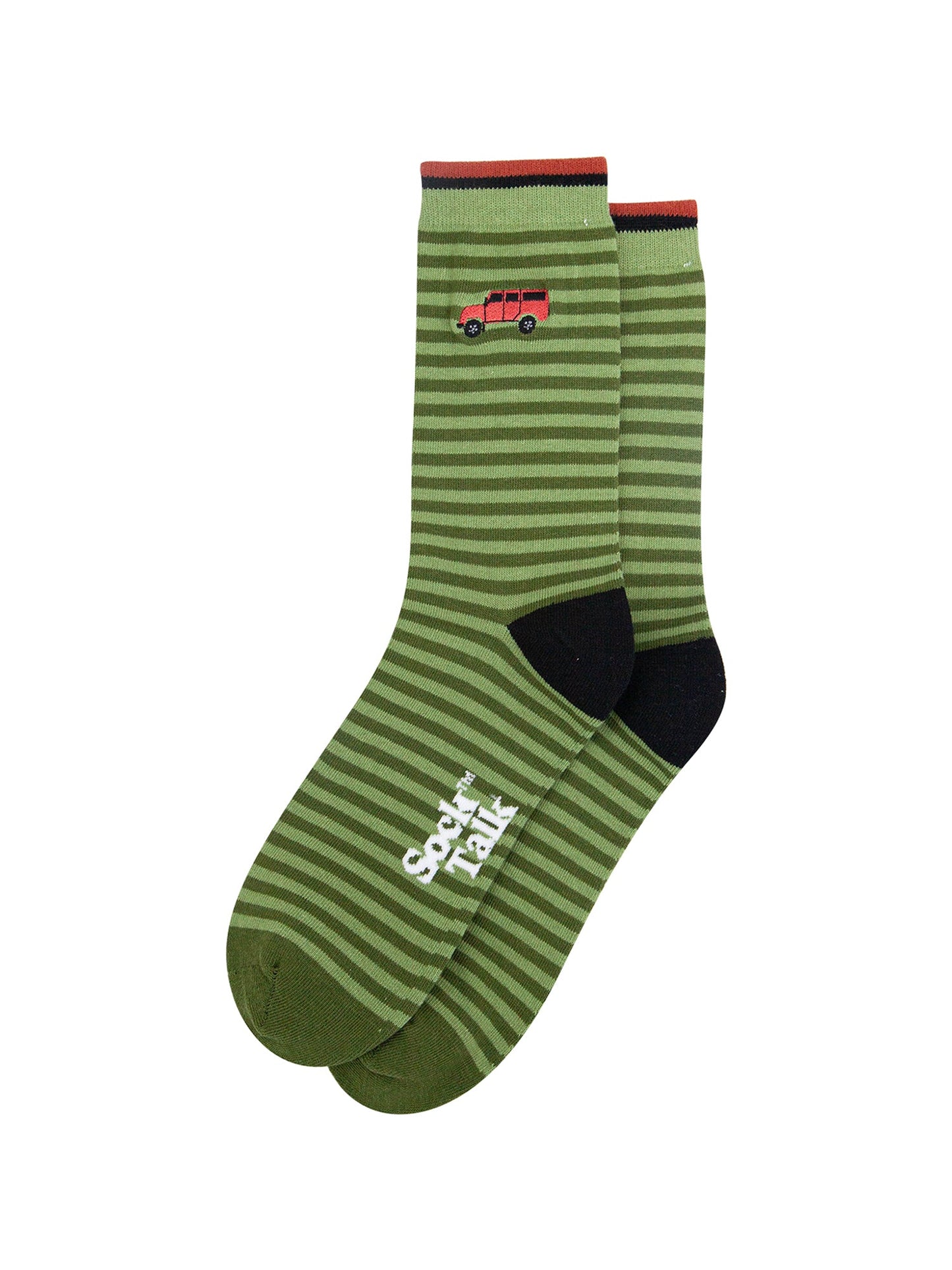 Embroidered-Off-Roader-Striped-Combed-Cotton-Socks-in-Green-Lying-Flat