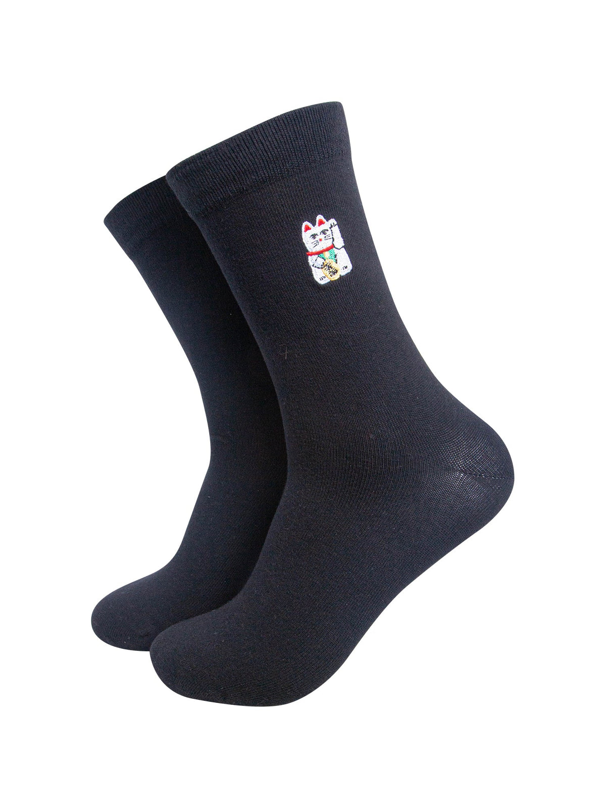 Lucky-Cat-Combed-Cotton-Pattern-Embroidered-Socks-in-Black-On-Mannequin