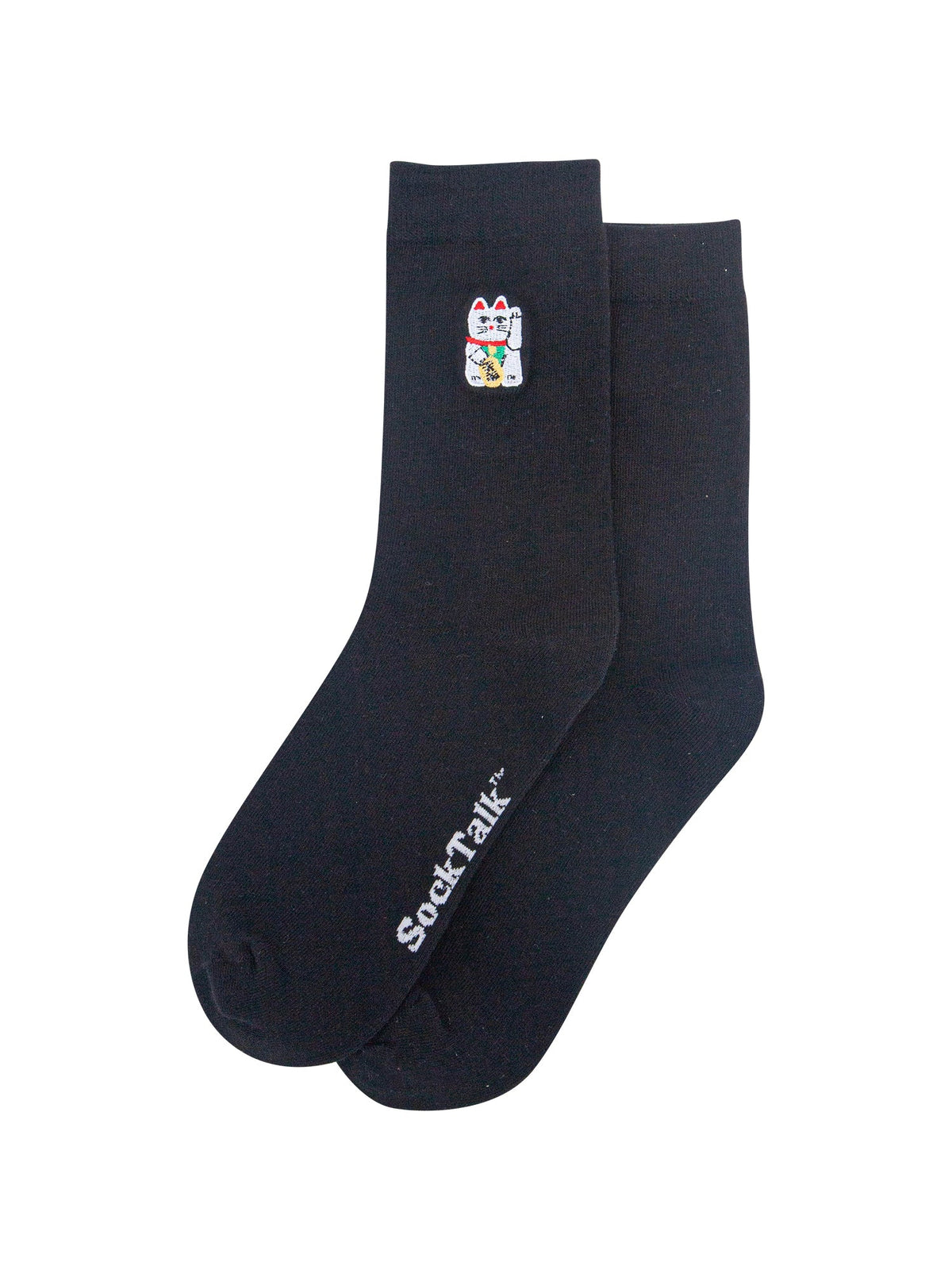 Lucky-Cat-Combed-Cotton-Pattern-Embroidered-Socks-in-Black-Laid-Flat