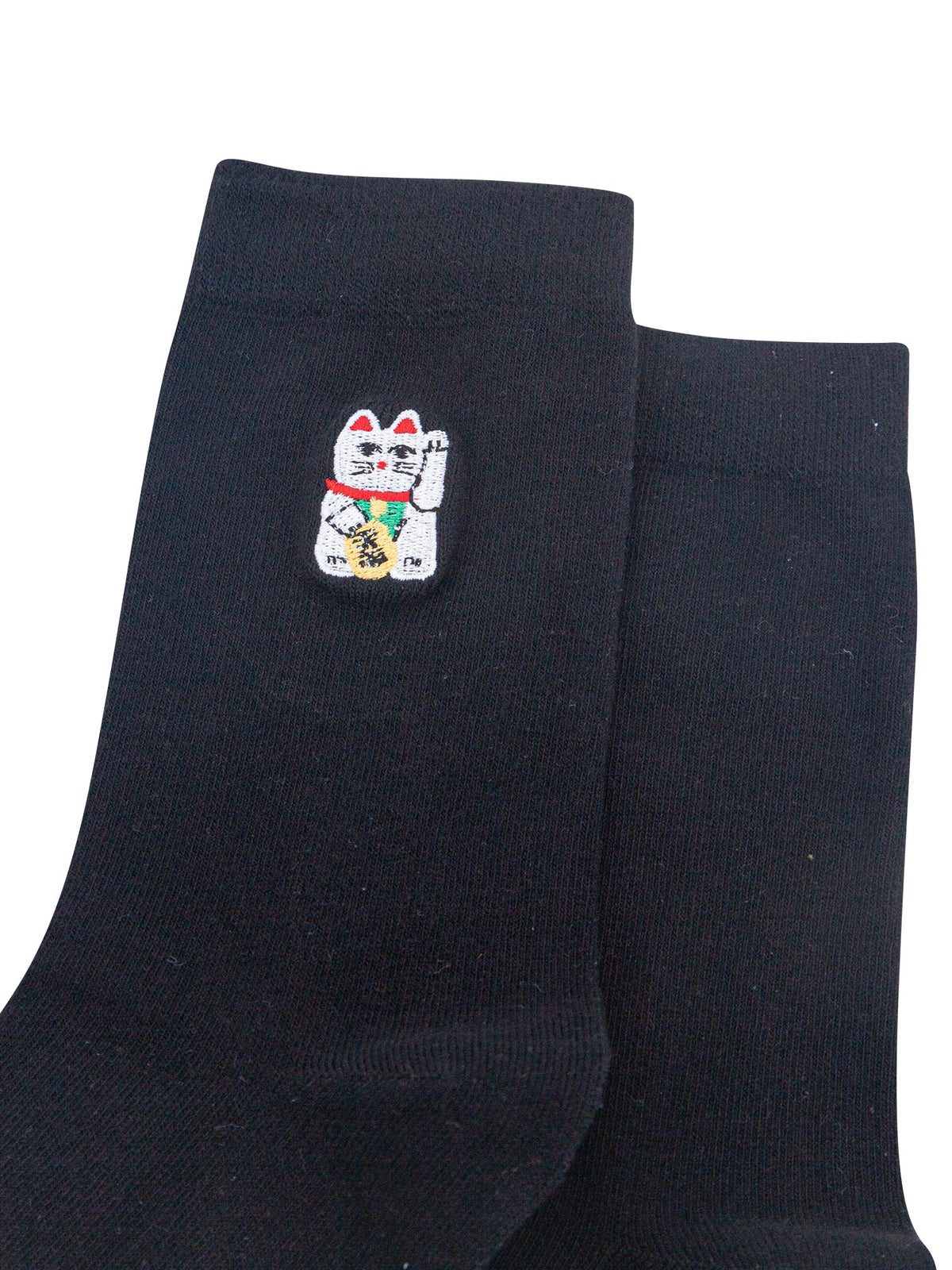 Lucky-Cat-Combed-Cotton-Pattern-Embroidered-Socks-in-Black-Close-Up