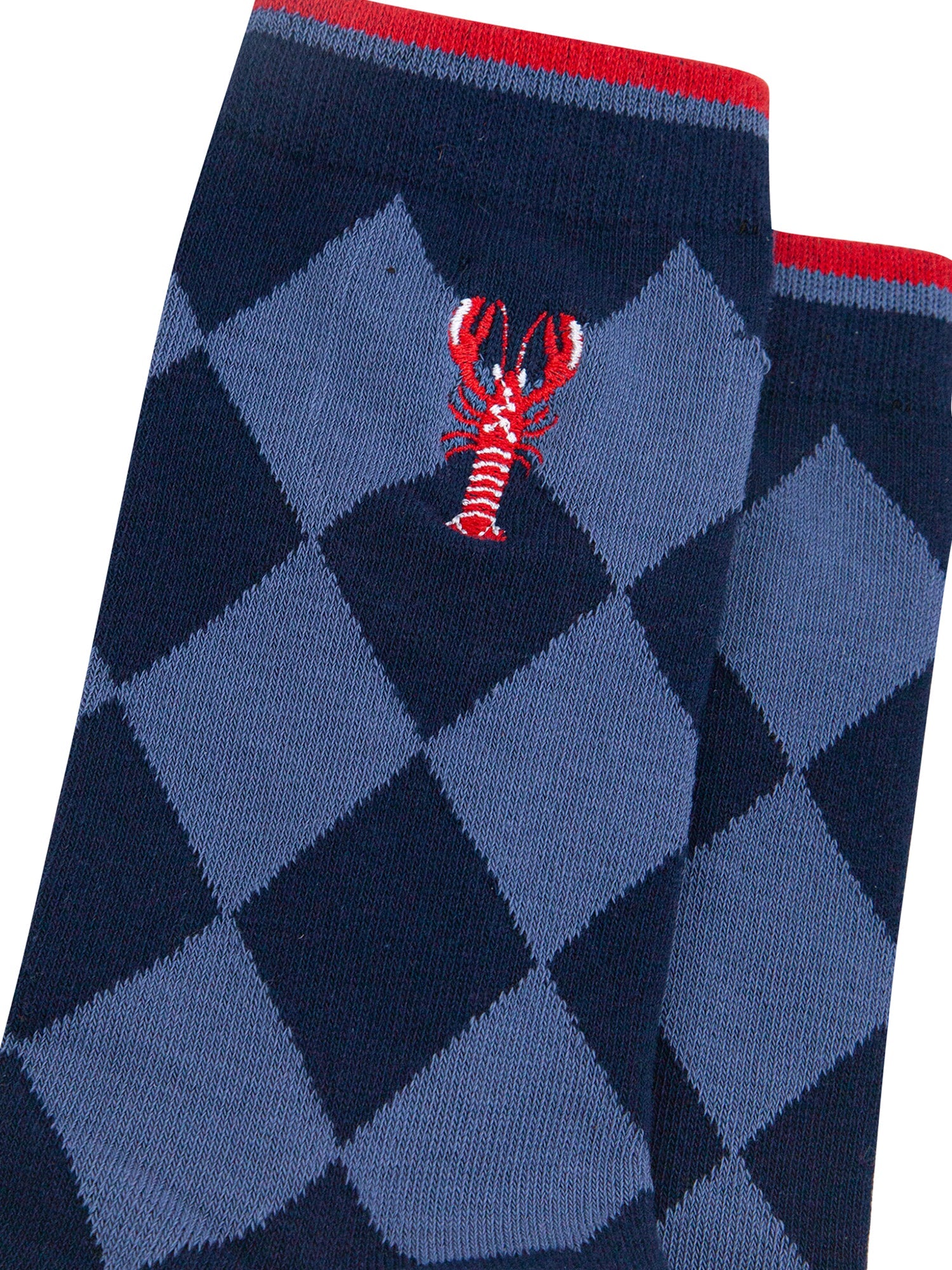 Embroidered-Lobster-Argyle-Combed-Cotton-Socks-in-Navy-Blue-Closeup