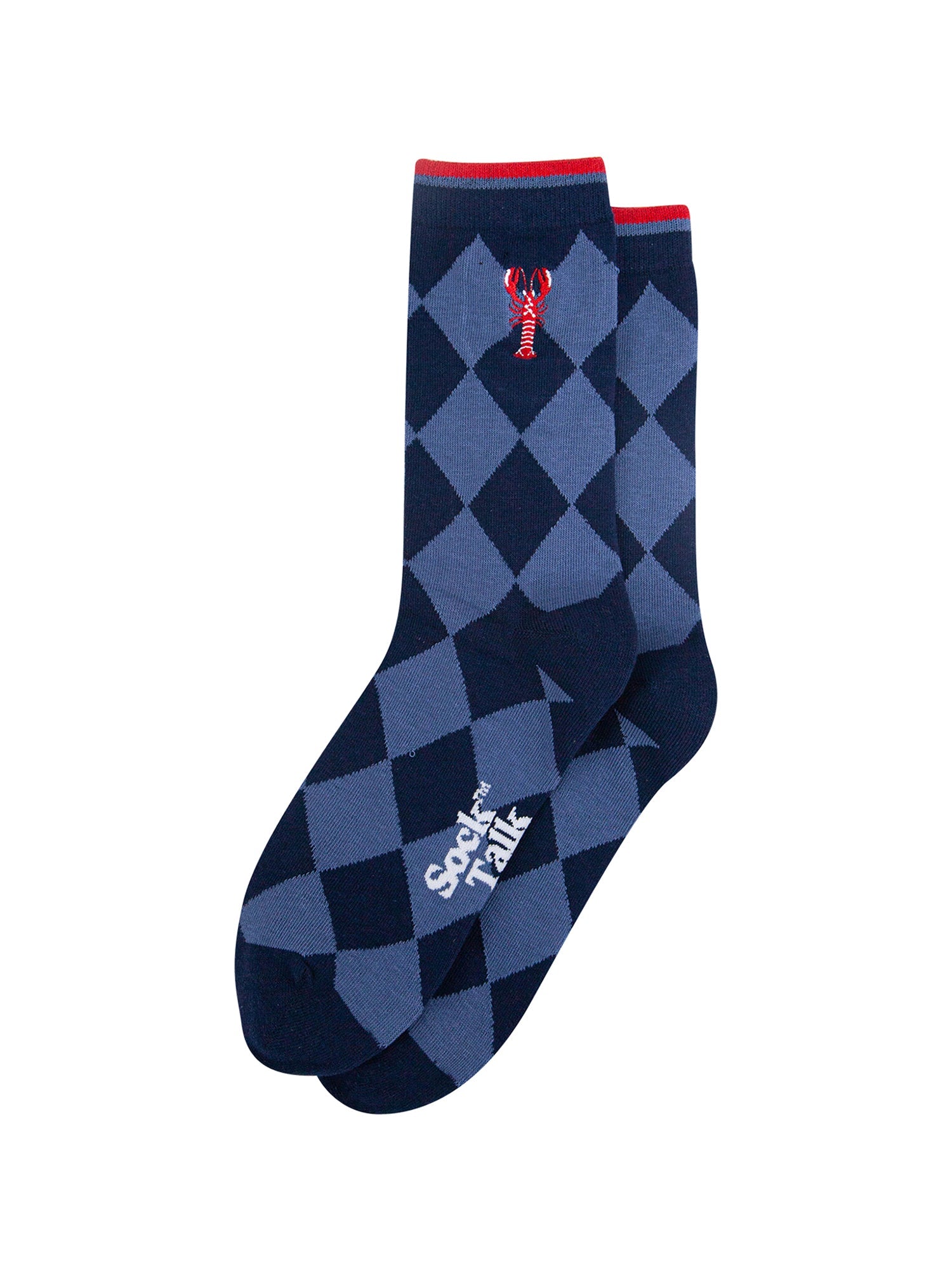 Embroidered-Lobster-Argyle-Combed-Cotton-Socks-in-Navy-Blue-Lying-Flat