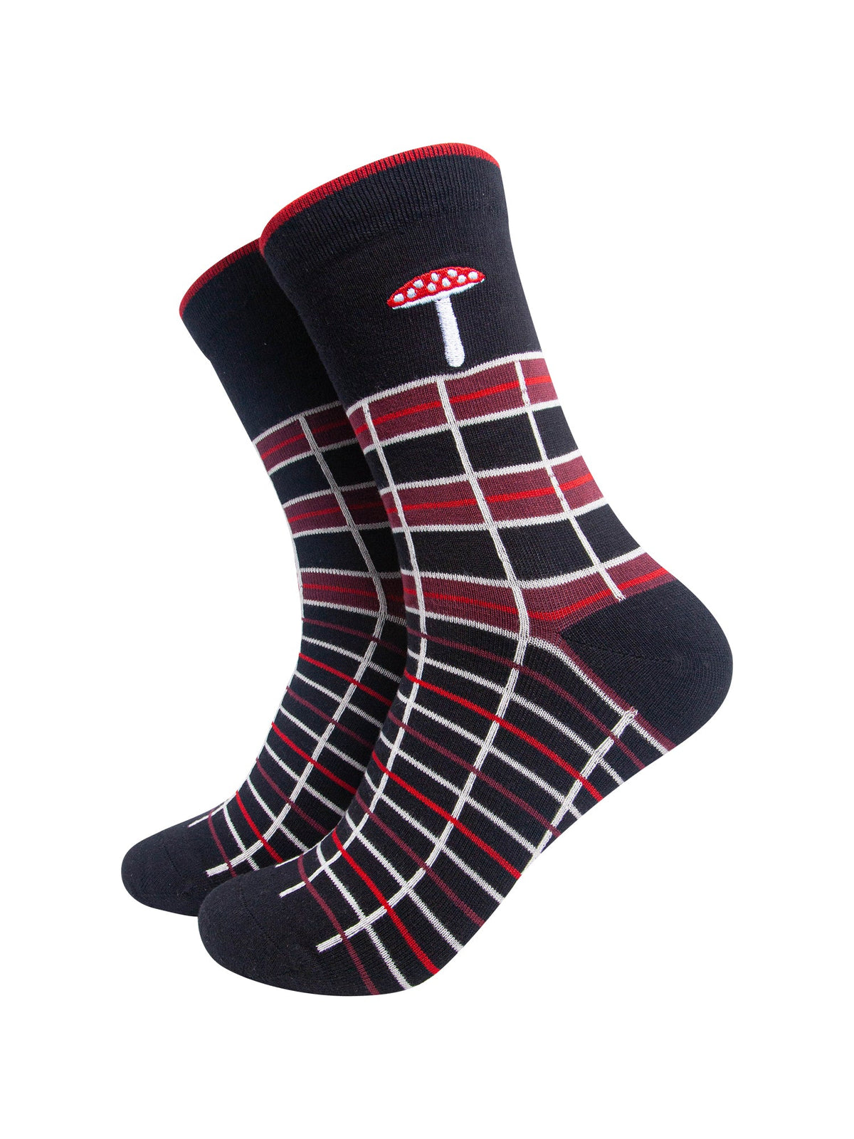 Toadstool-Combed-Cotton-Pattern-Embroidered-Socks-in-Black/Red-On-Mannequin