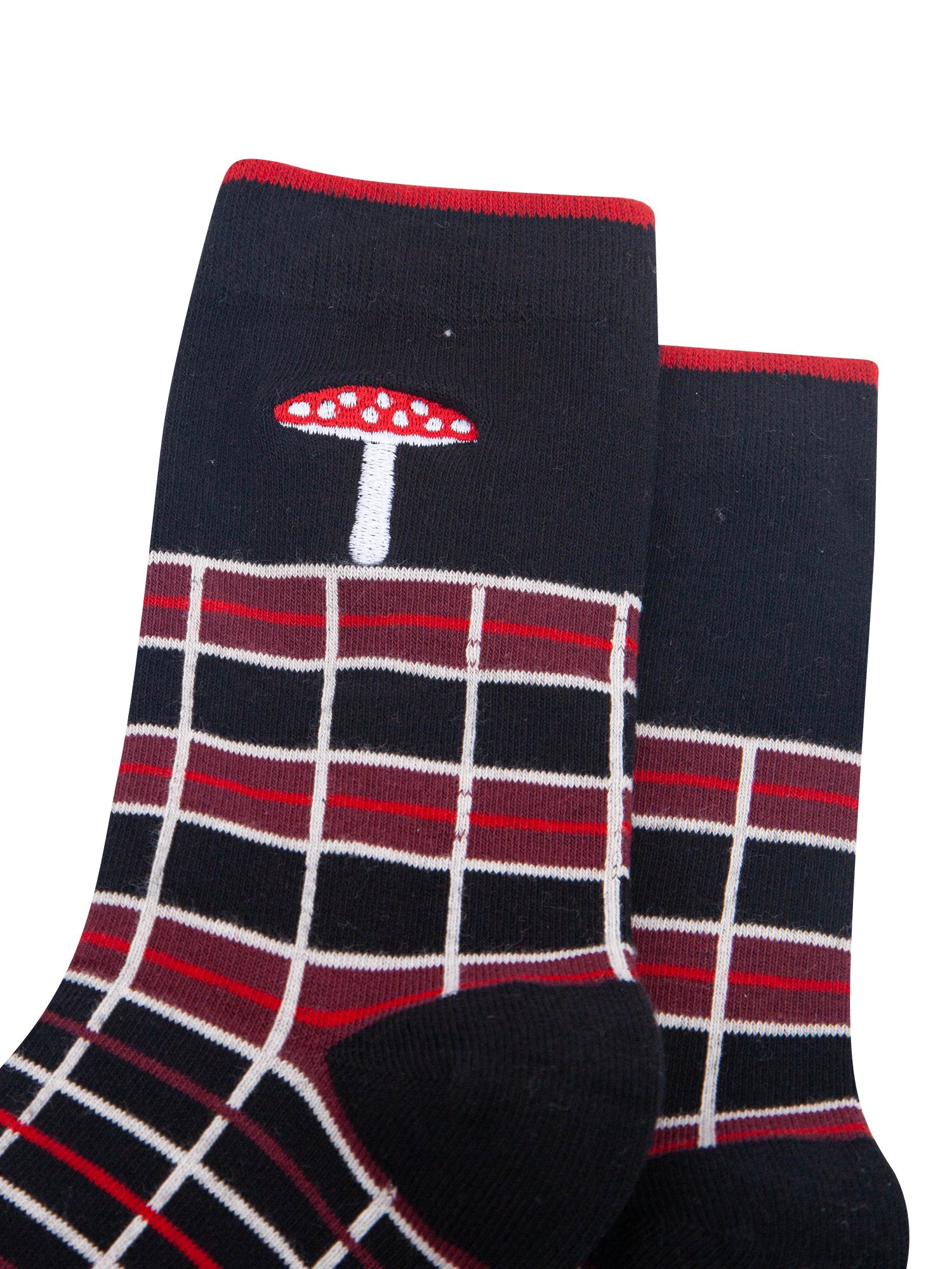 Toadstool-Combed-Cotton-Pattern-Embroidered-Socks-in-Black/Red-Close-Up