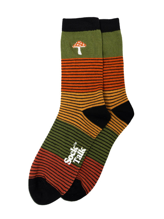 Embroidered-Toadstool-Striped-Combed-Cotton-Socks-in-Khaki-Laid-Flat