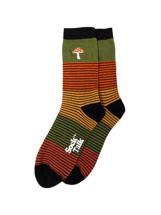Embroidered Toadstool Striped Combed Cotton Socks in Khaki
