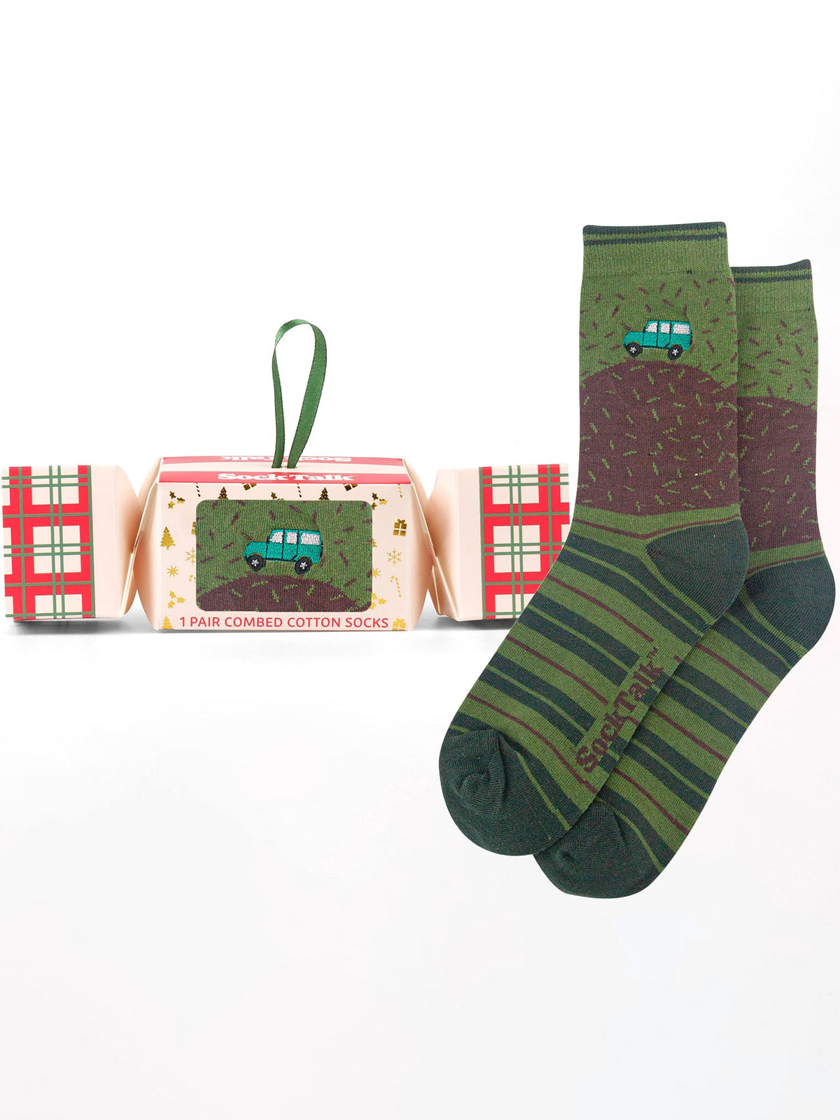 Off-Roader-Embroidered-Combed-Cotton-Crew-Socks-Christmas-Cracker-Gift-Box-in-Green/Brown