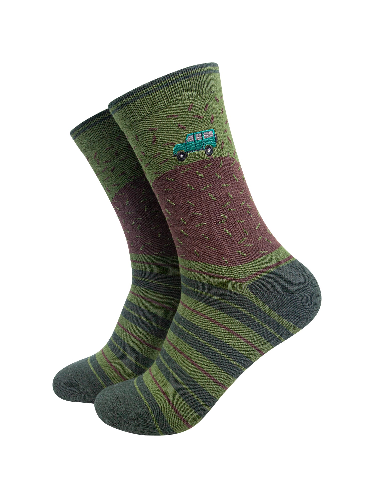 Off-Roader-Combed-Cotton-Pattern-Embroidered-Socks-in-Green/Brown-On-Mannequin