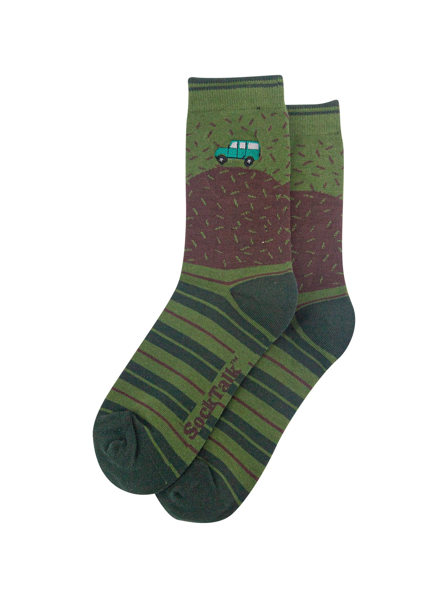 Off-Roader-Combed-Cotton-Pattern-Embroidered-Socks-in-Green/Brown-Laid-Flat