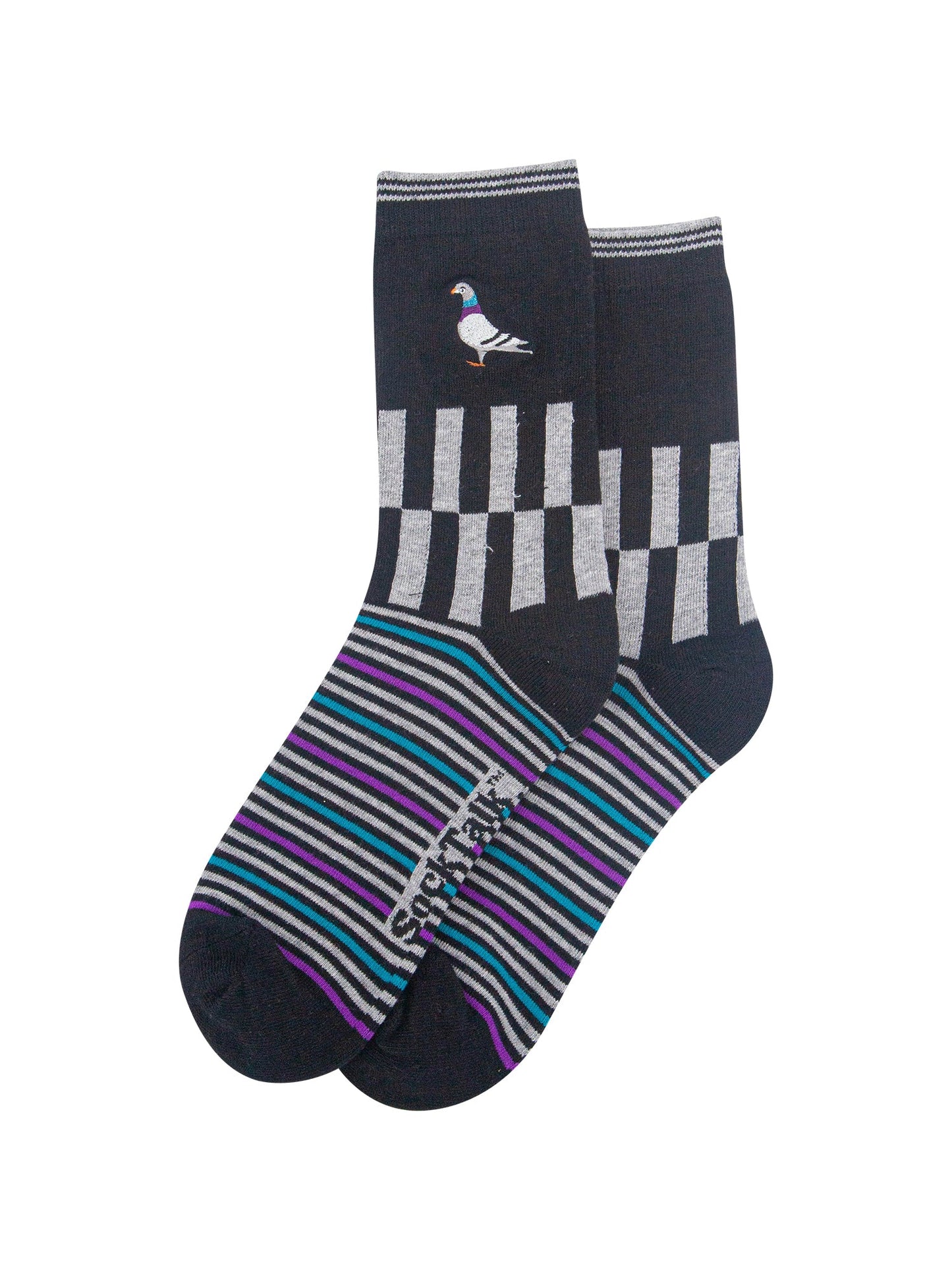 Pigeon-Combed-Cotton-Pattern-Embroidered-Socks-in-Black/Grey-Marl-Laid-Flat