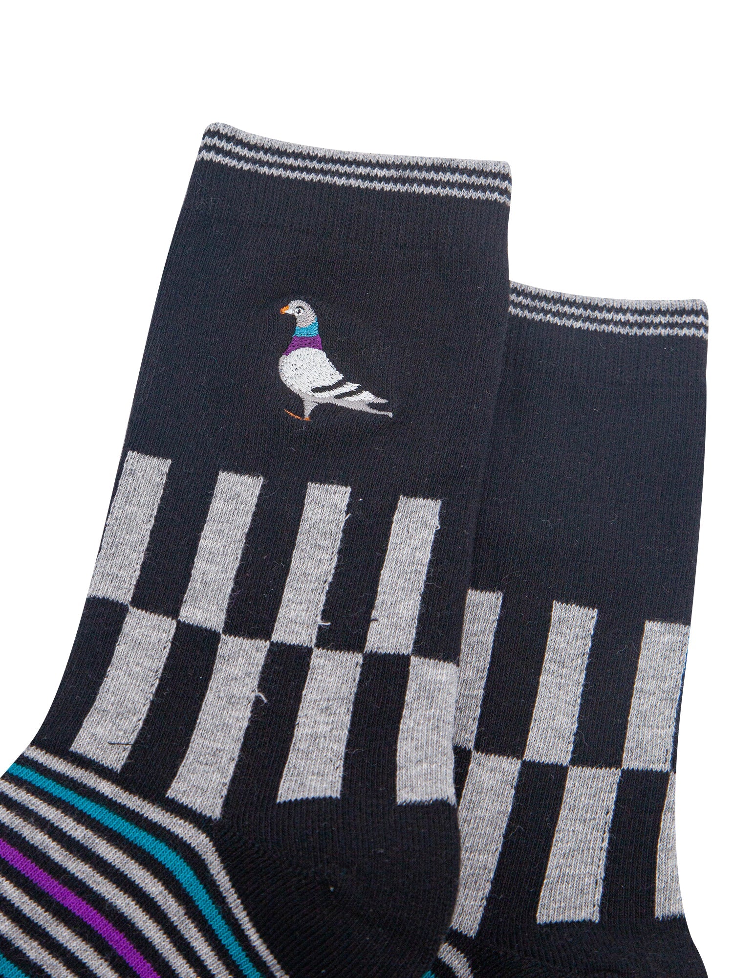 Pigeon-Combed-Cotton-Pattern-Embroidered-Socks-in-Black/Grey-Marl-Close-Up
