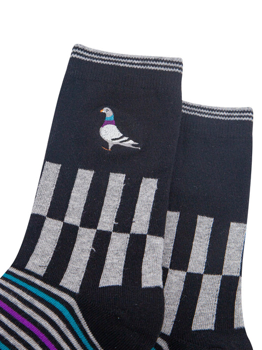 Pigeon-Combed-Cotton-Pattern-Embroidered-Socks-in-Black/Grey-Marl-Close-Up