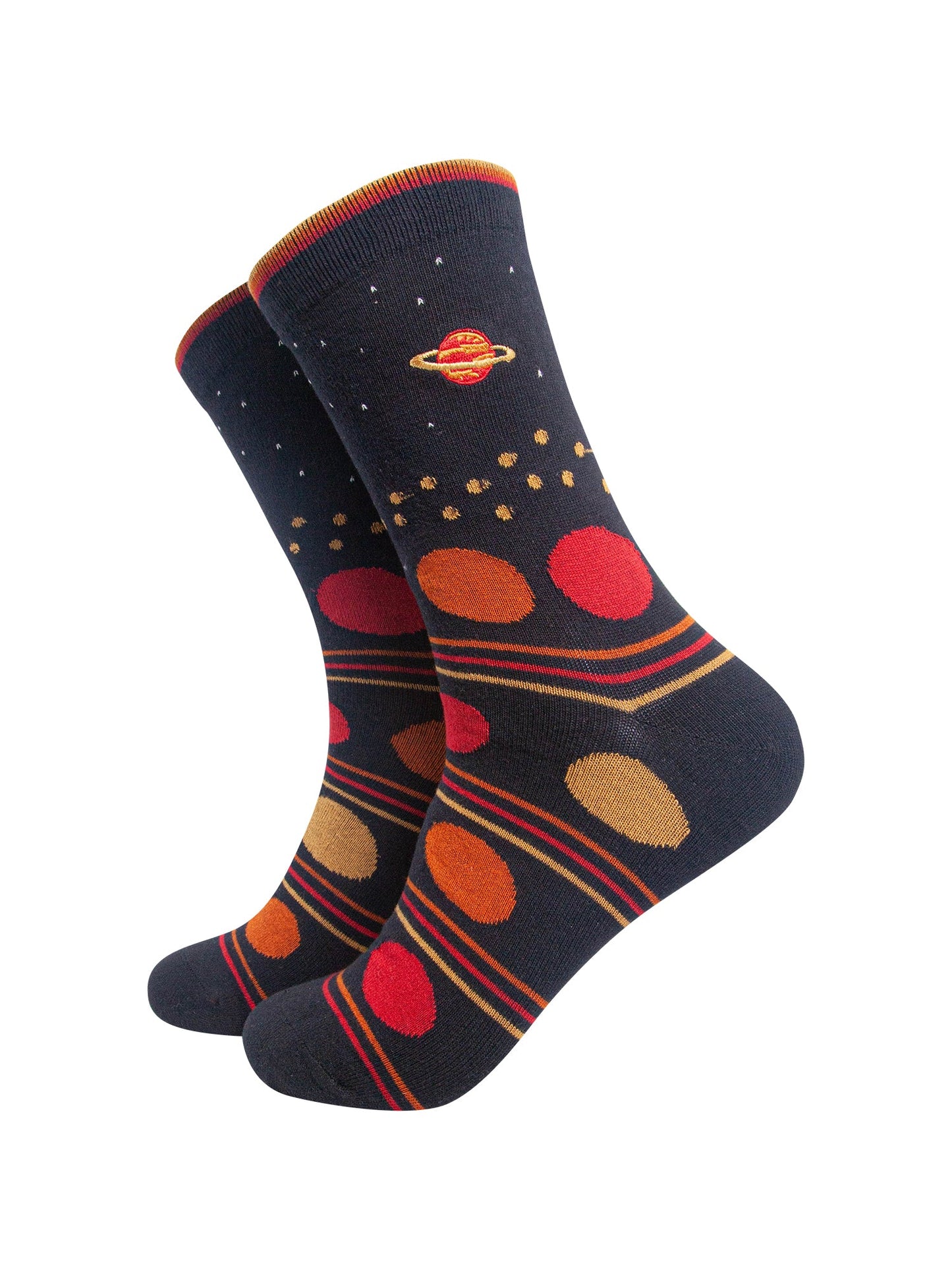 Planet-Combed-Cotton-Pattern-Embroidered-Socks-in-Black/Red-On-Mannequin
