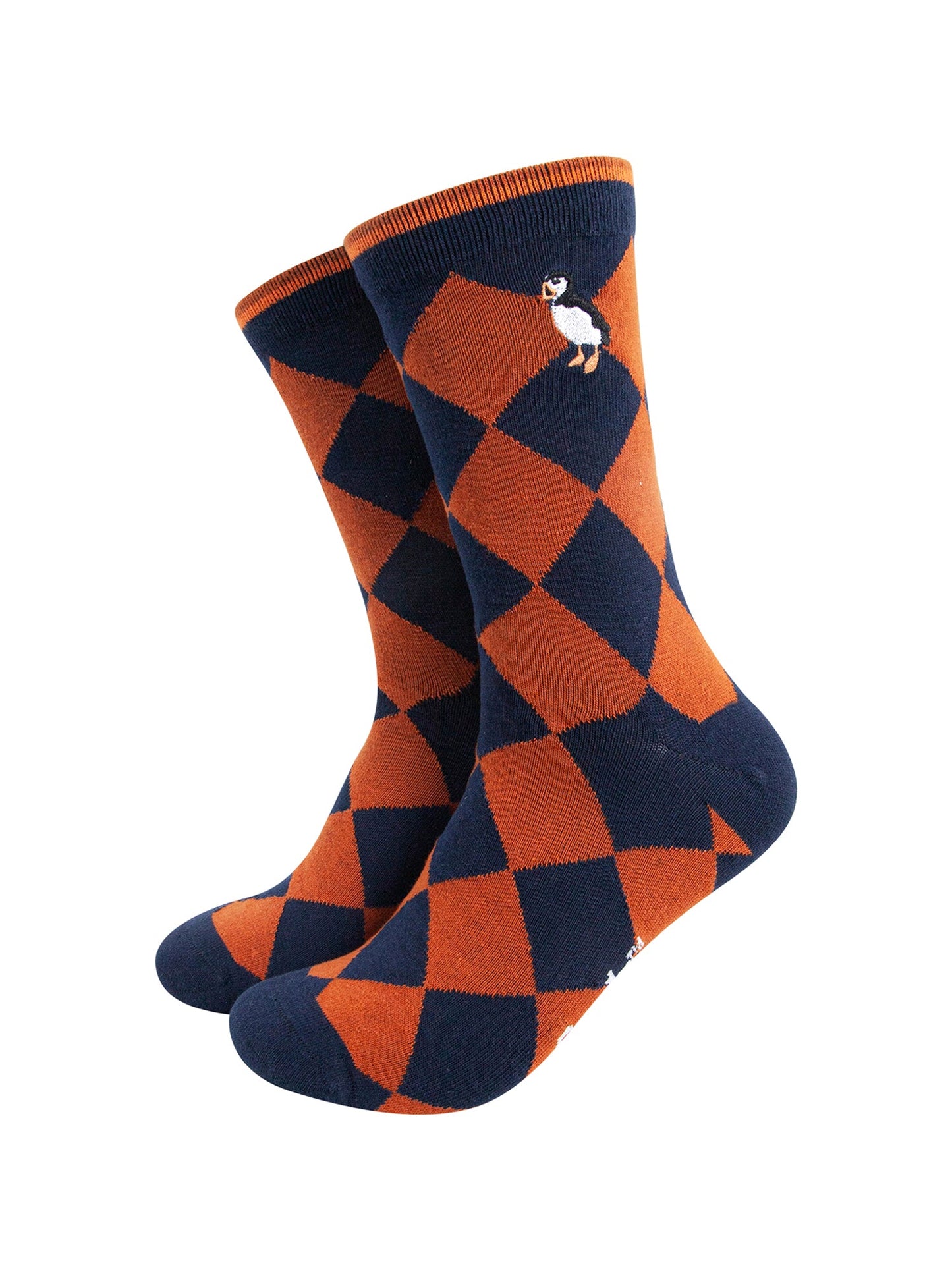 Embroidered-Puffin-Argyle-Combed-Cotton-Socks-in-Navy/Orange-Mannequin
