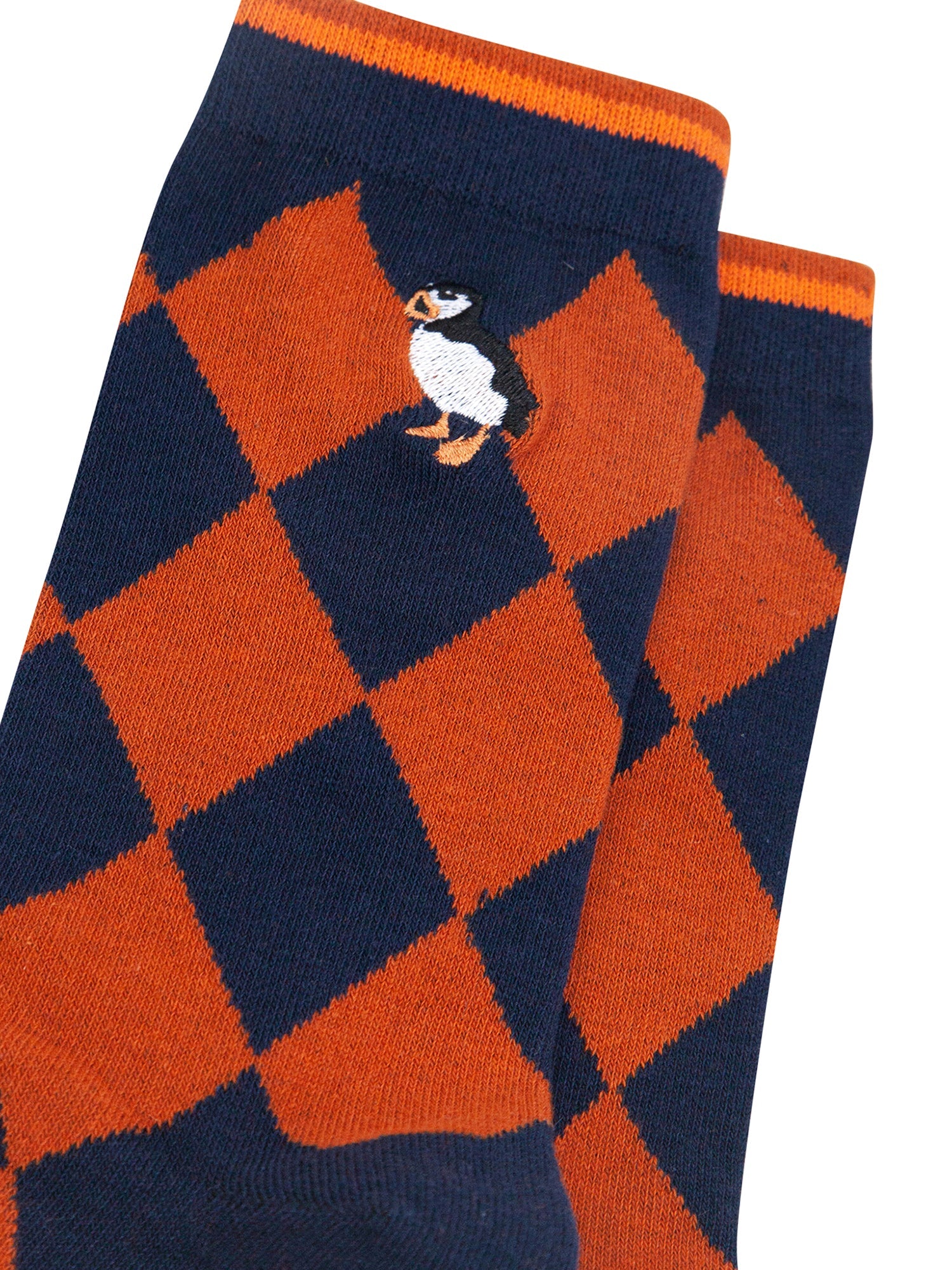 Embroidered-Puffin-Argyle-Combed-Cotton-Socks-in-Navy/Orange-Closeup