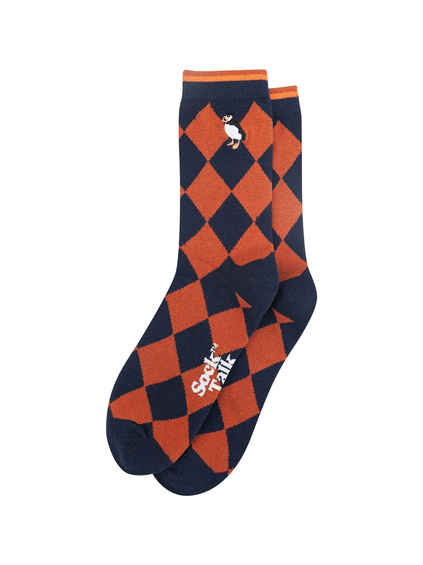 Embroidered-Puffin-Argyle-Combed-Cotton-Socks-in-Navy/Orange-Lying-Flat