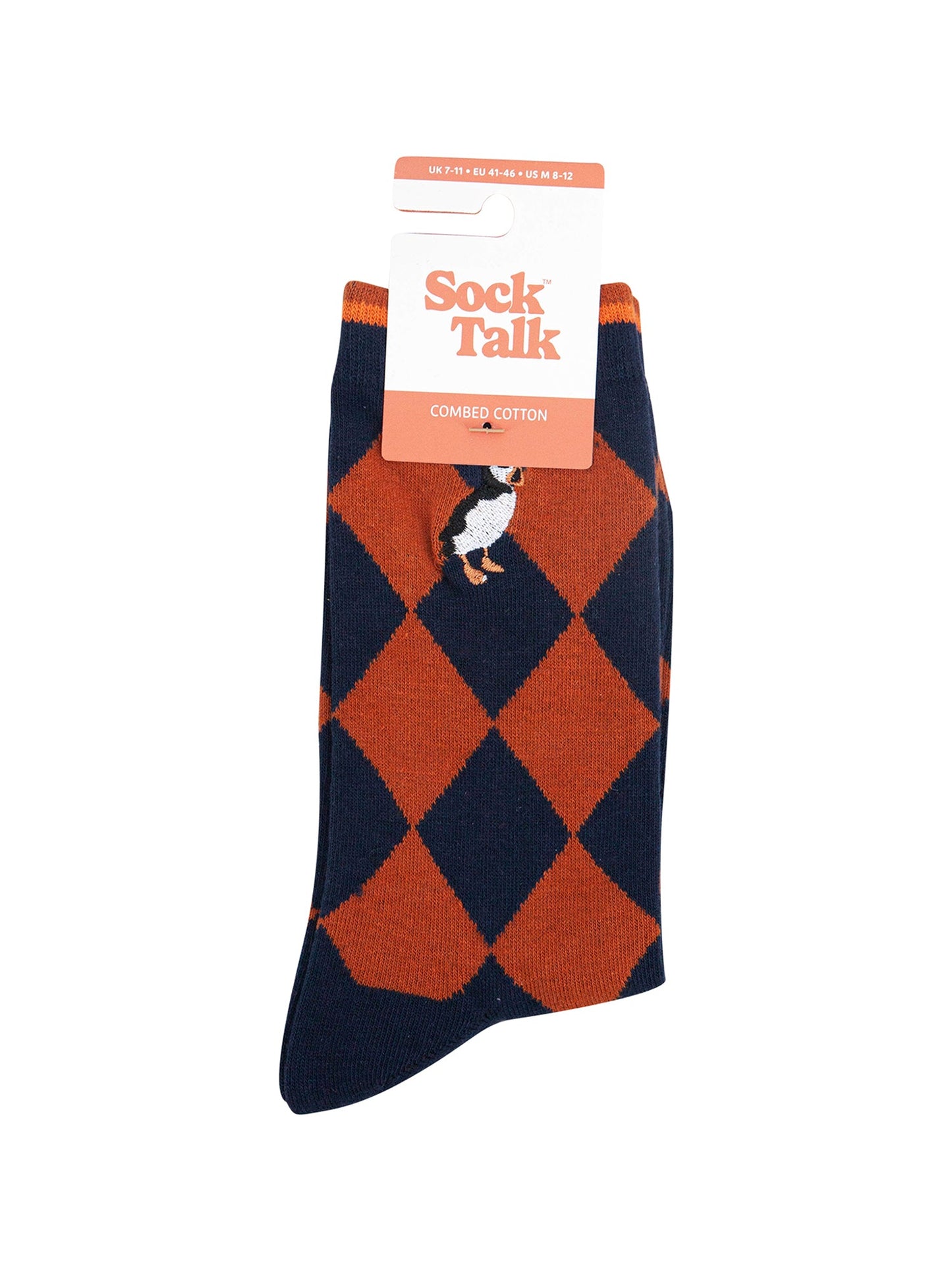 Embroidered-Puffin-Argyle-Combed-Cotton-Socks-in-Navy/Orange-In-Packaging
