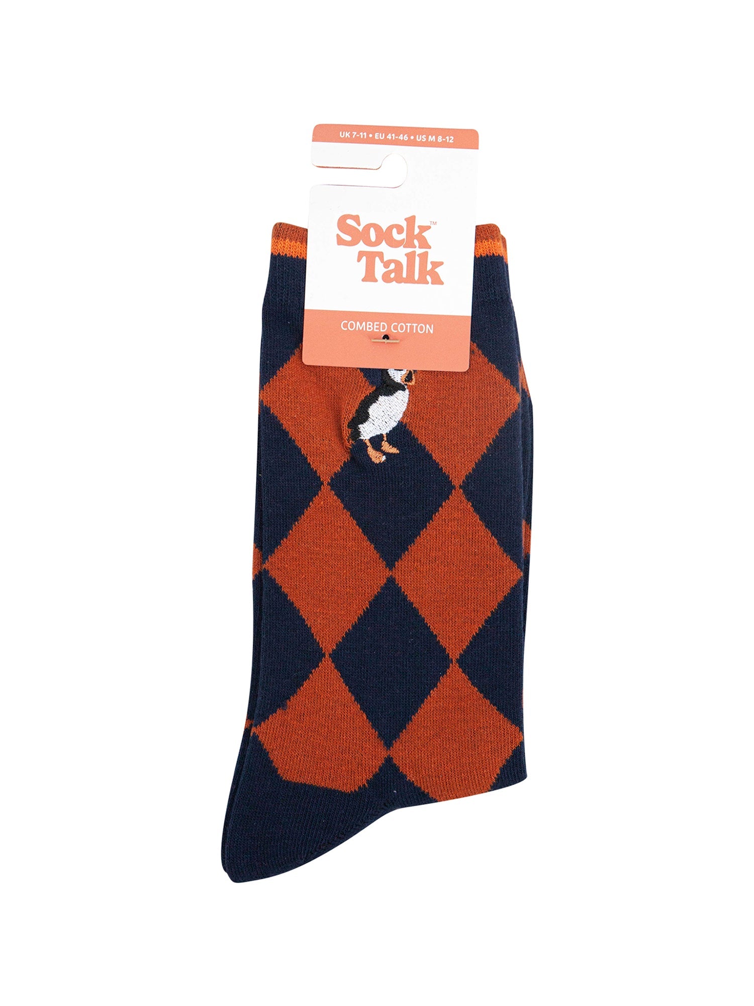 Embroidered-Puffin-Argyle-Combed-Cotton-Socks-in-Navy/Orange-In-Packaging