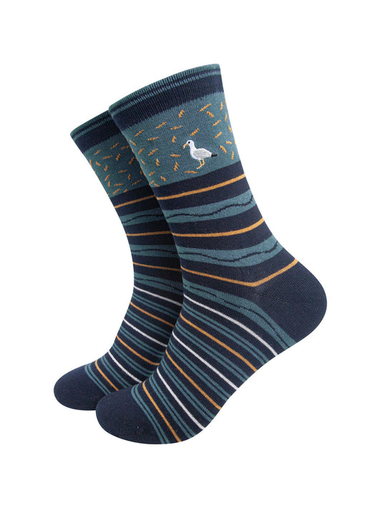 Seagull-Combed-Cotton-Pattern-Embroidered-Socks-in-Teal/Navy-Blue-On-Mannequin