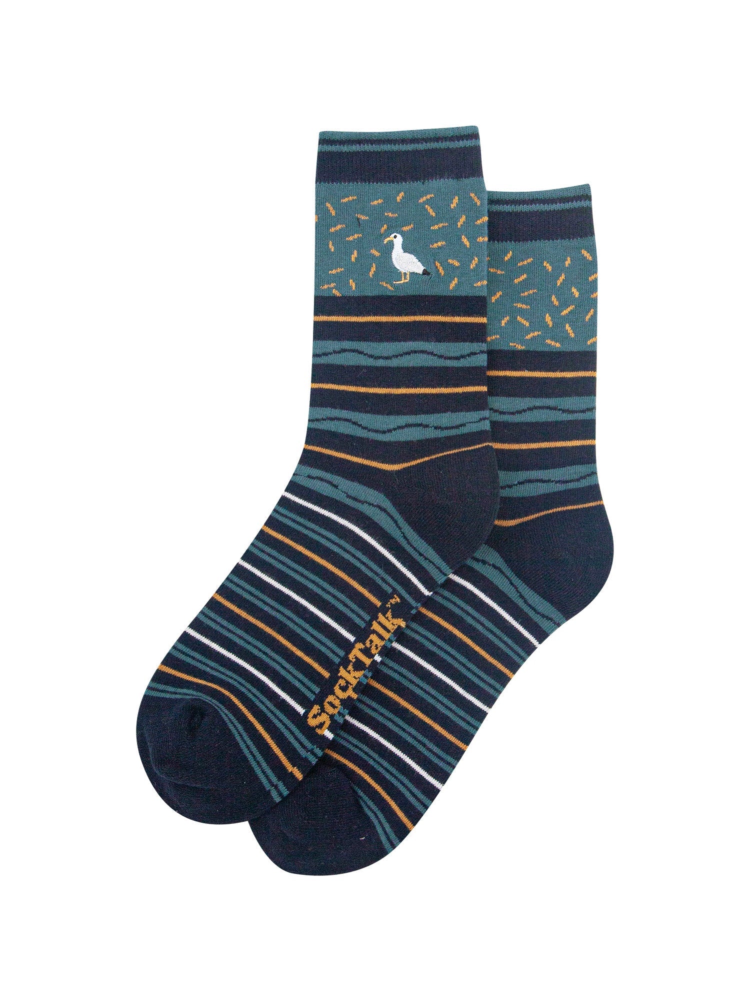 Seagull-Combed-Cotton-Pattern-Embroidered-Socks-in-Teal/Navy-Blue-Laid-Flat