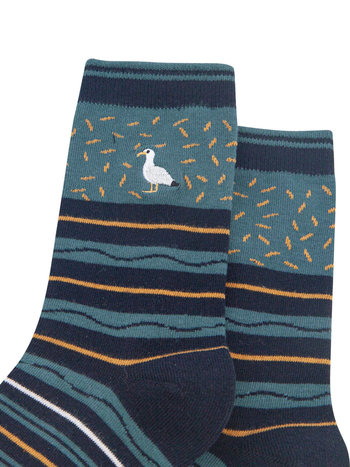 Seagull-Combed-Cotton-Pattern-Embroidered-Socks-in-Teal/Navy-Blue-Close-Up