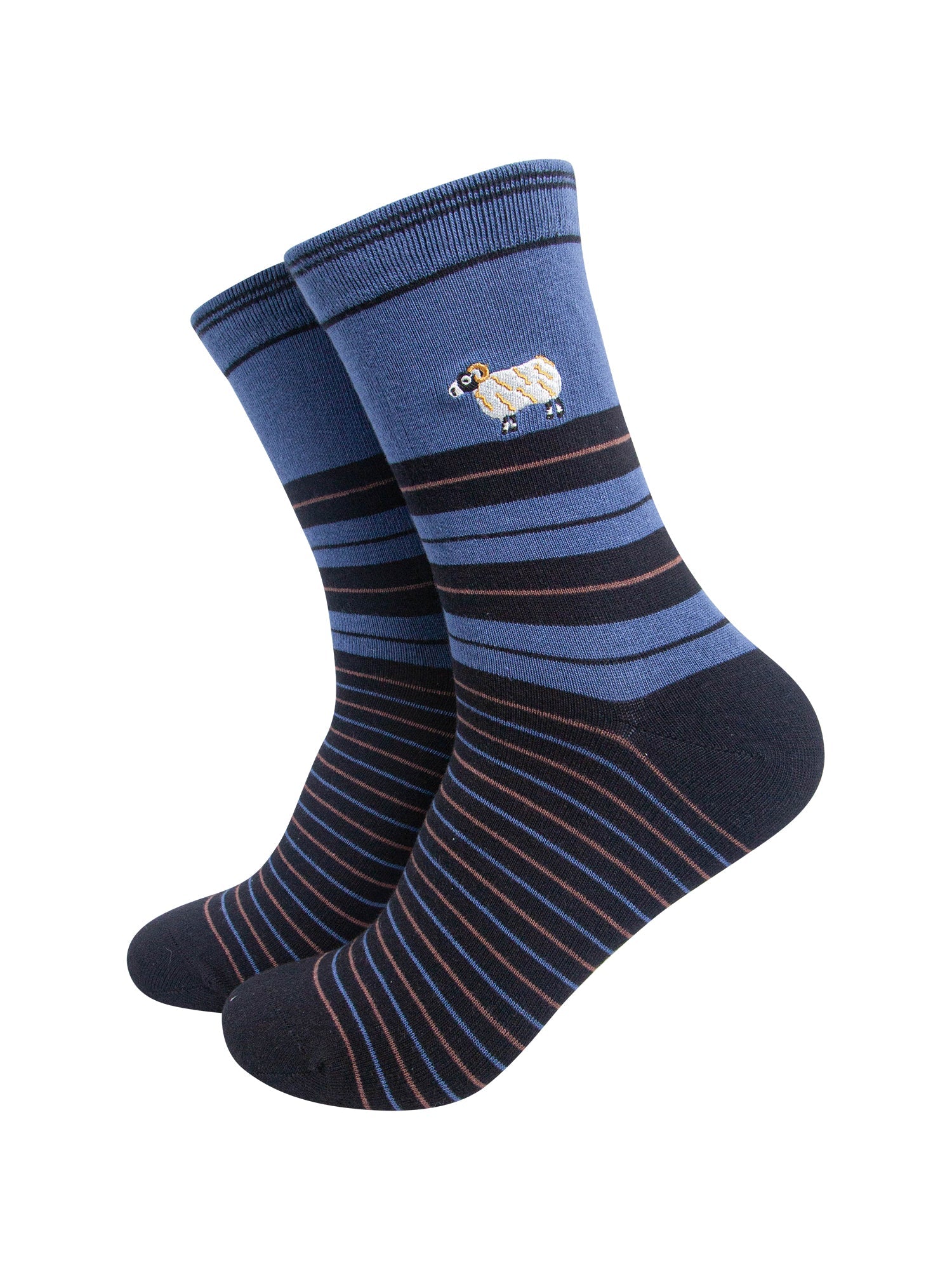 Sheep-Combed-Cotton-Pattern-Embroidered-Socks-in-Denim-Blue-On-Mannequin