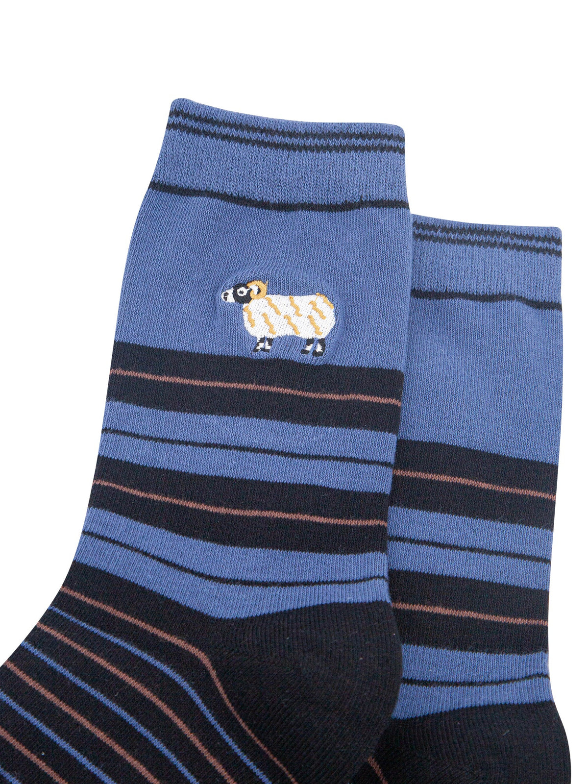 Sheep-Combed-Cotton-Pattern-Embroidered-Socks-in-Denim-Blue-Laid-Flat