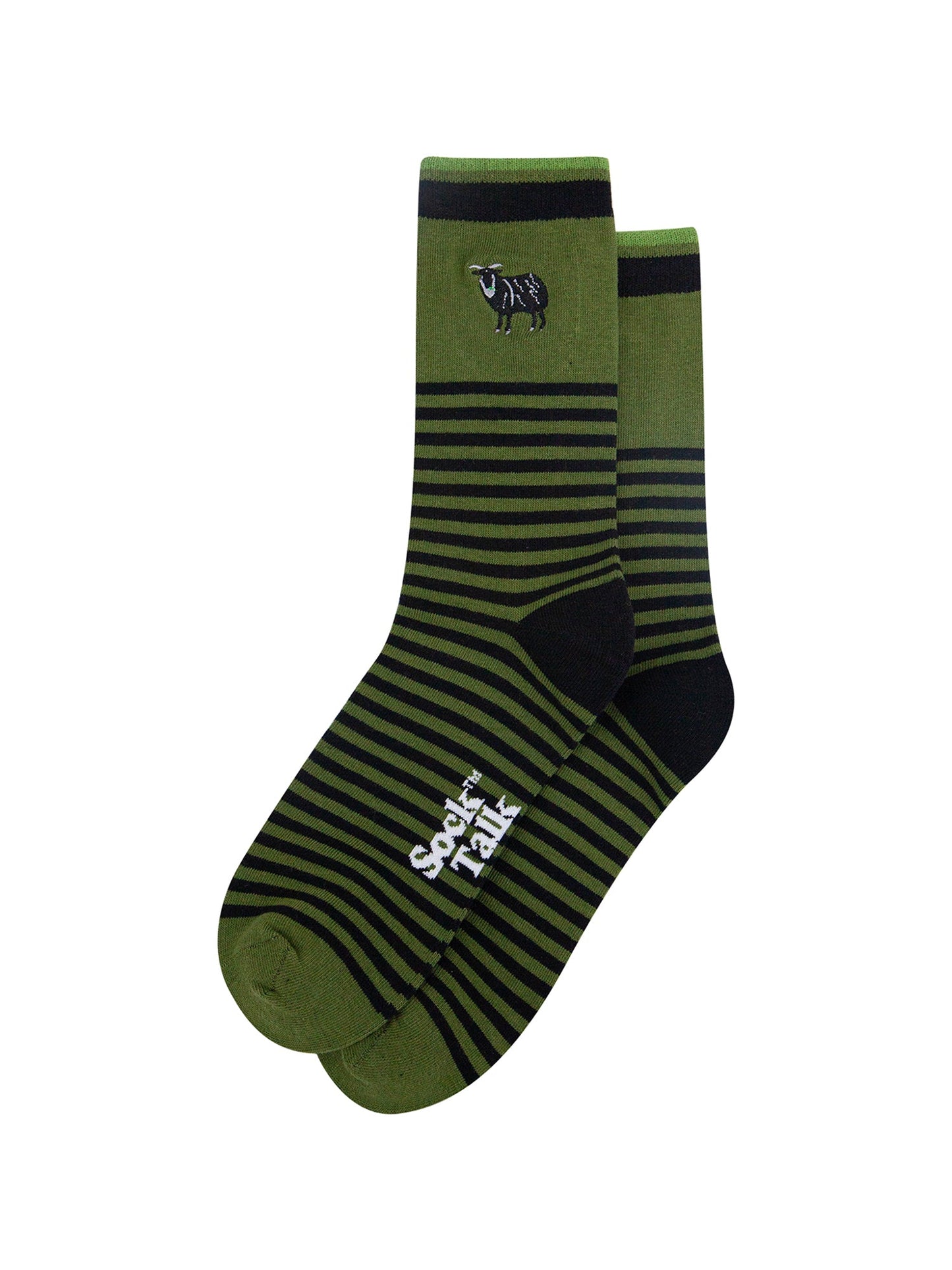 Embroidered-Black-Sheep-Striped-Combed-Cotton-Socks-in-Green-Lying-Flat