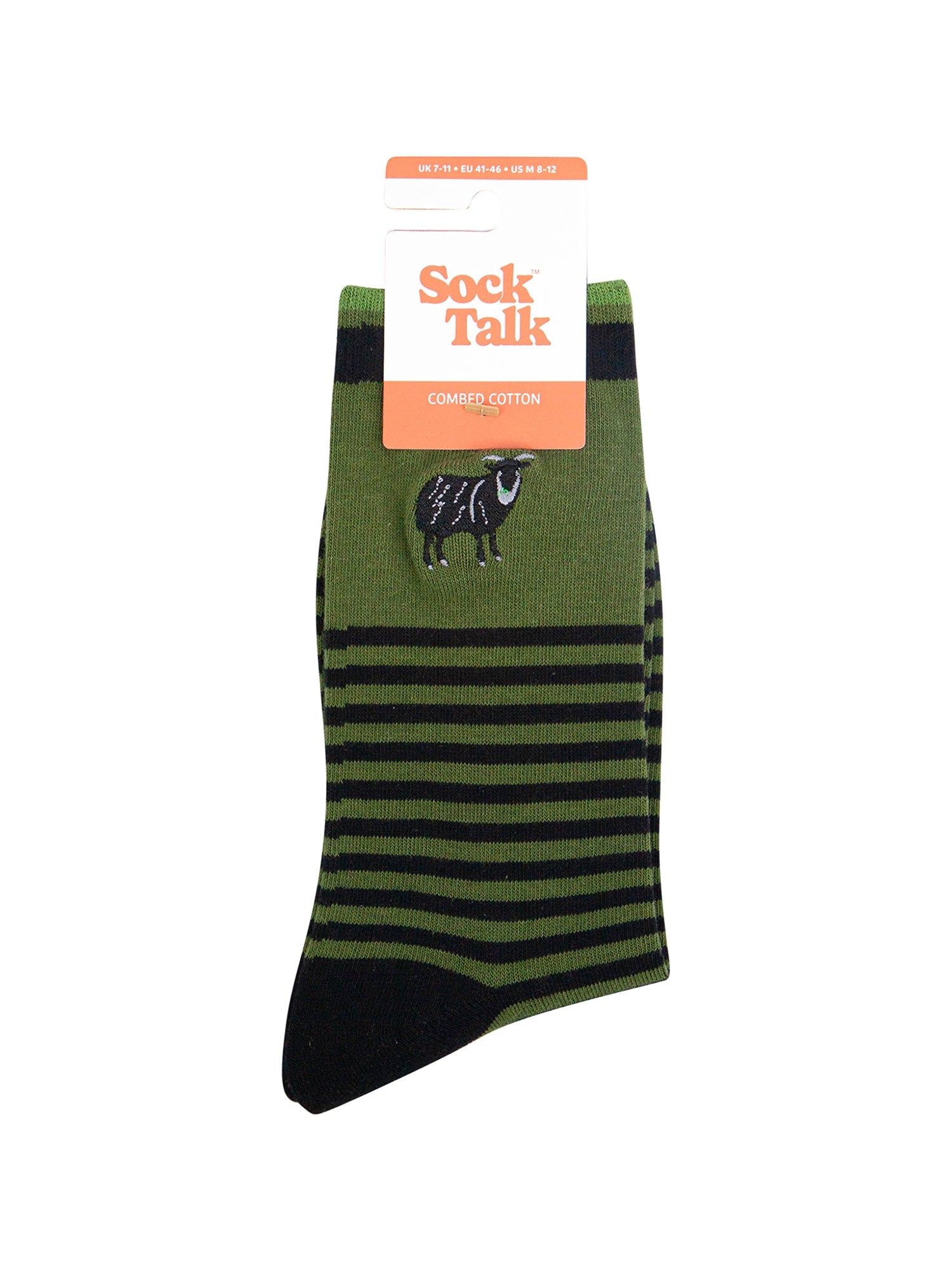 Embroidered-Black-Sheep-Striped-Combed-Cotton-Socks-in-Green-In-Packaging