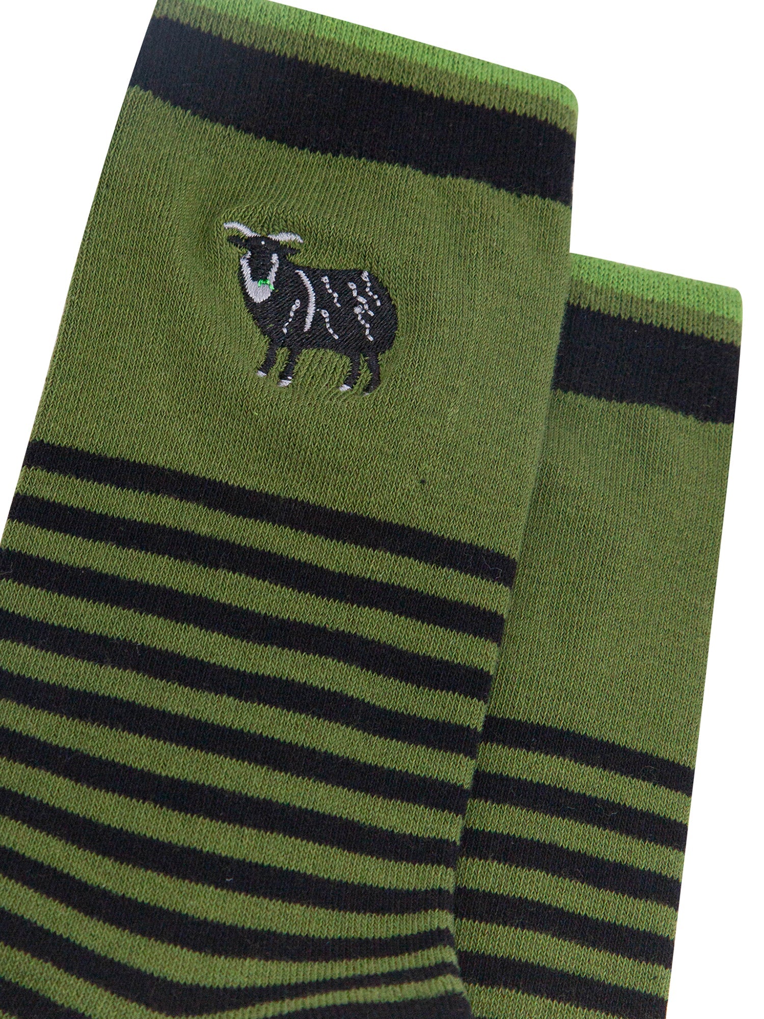 Embroidered-Black-Sheep-Striped-Combed-Cotton-Socks-in-Green-Closeup