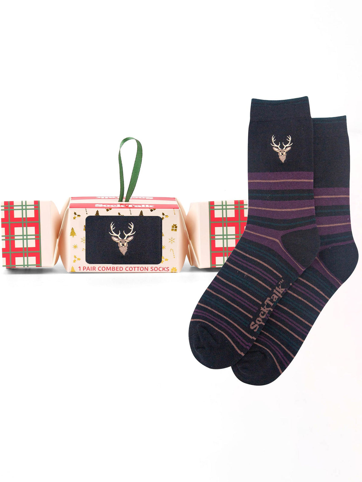 Stag-Embroidered-Combed-Cotton-Crew-Socks-Christmas-Cracker-Gift-Box -n-Black/Aubergine