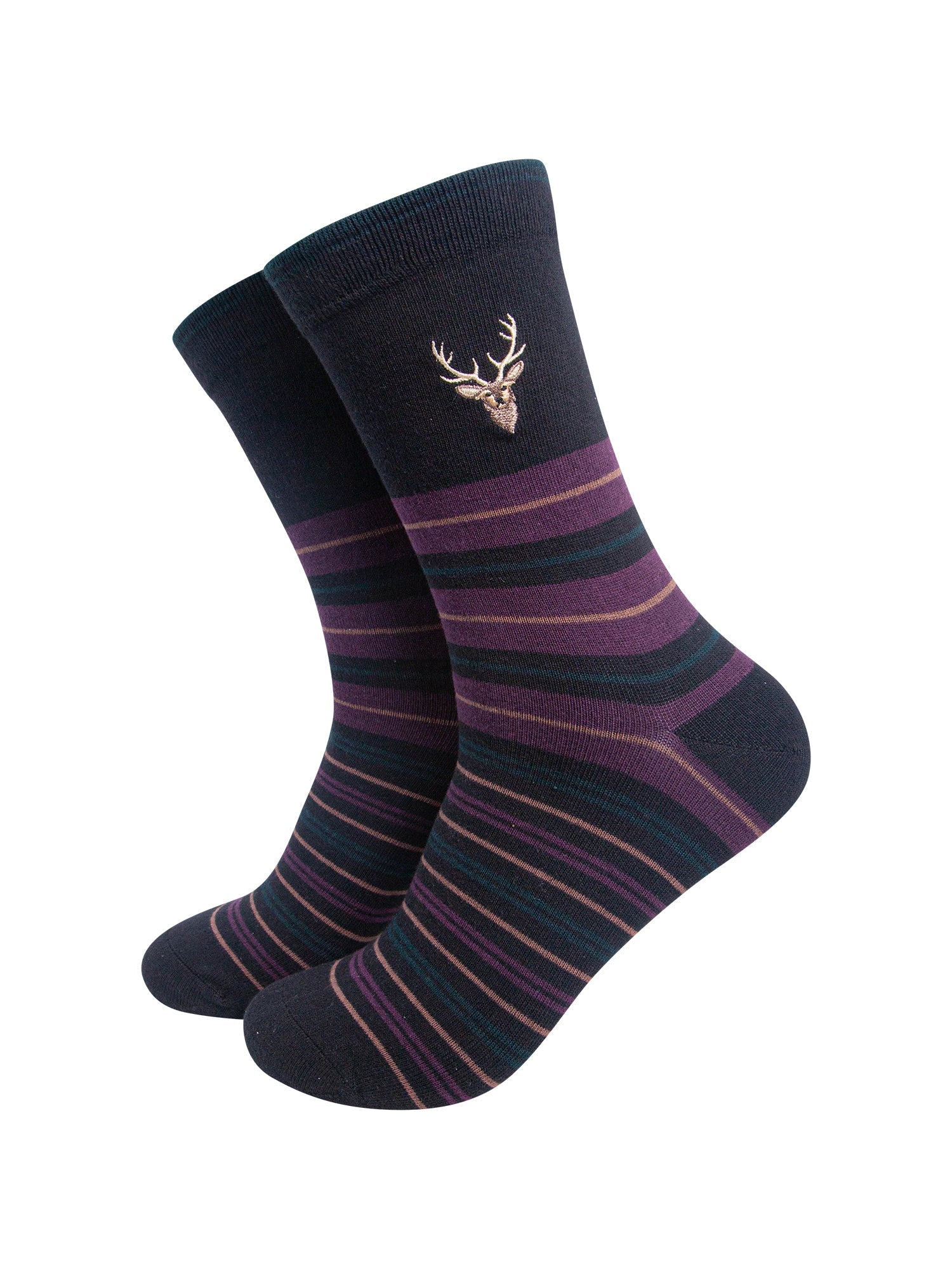 Stag-Combed-Cotton-Pattern-Embroidered-Socks-in-Black/Aubergine-On-Mannequin