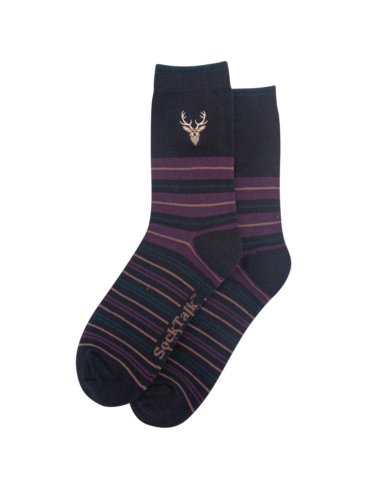 Stag-Combed-Cotton-Pattern-Embroidered-Socks-in-Black/Aubergine-Laid-Flat