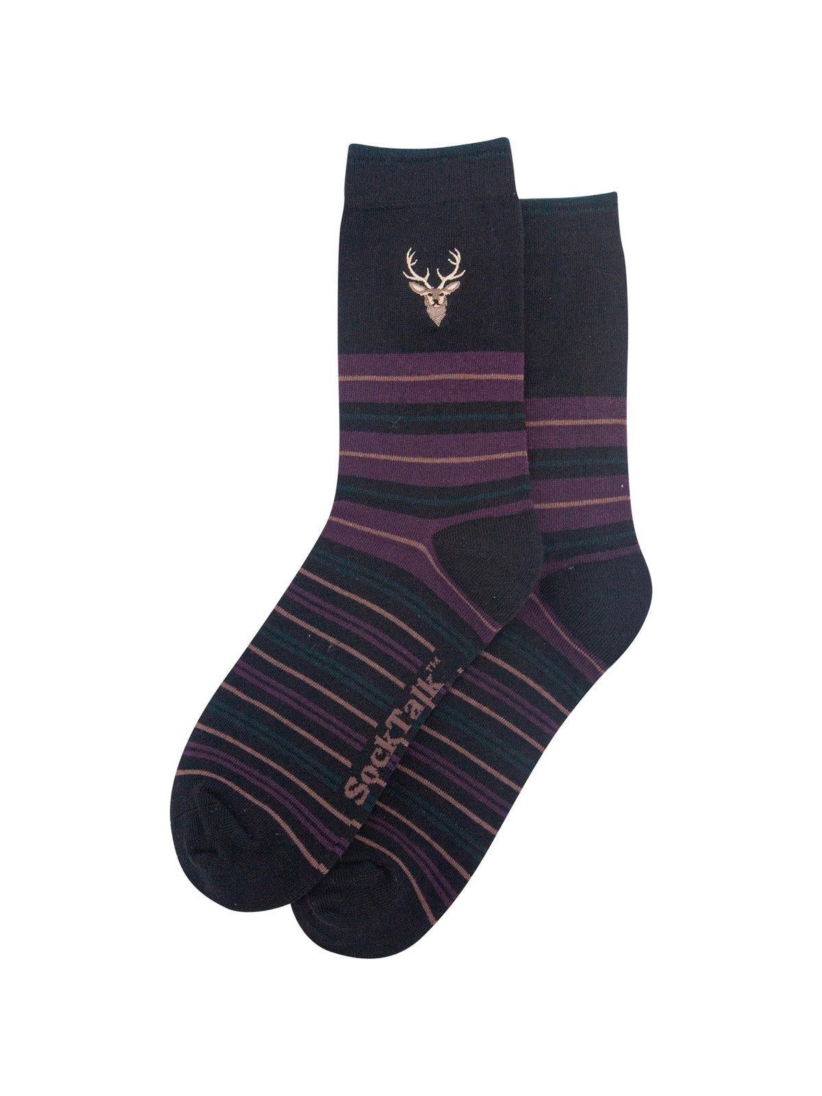 Stag-Combed-Cotton-Pattern-Embroidered-Socks-in-Black/Aubergine-Laid-Flat