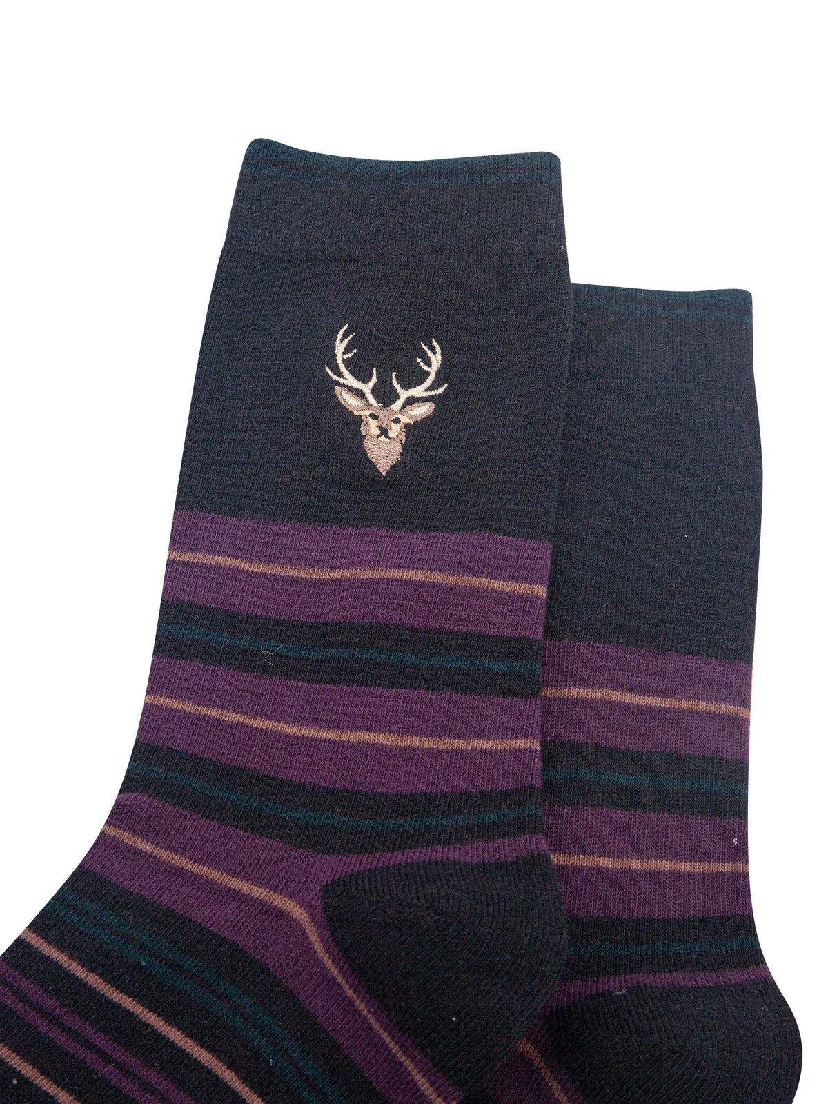 Stag-Combed-Cotton-Pattern-Embroidered-Socks-in-Black/Aubergine-Close-Up