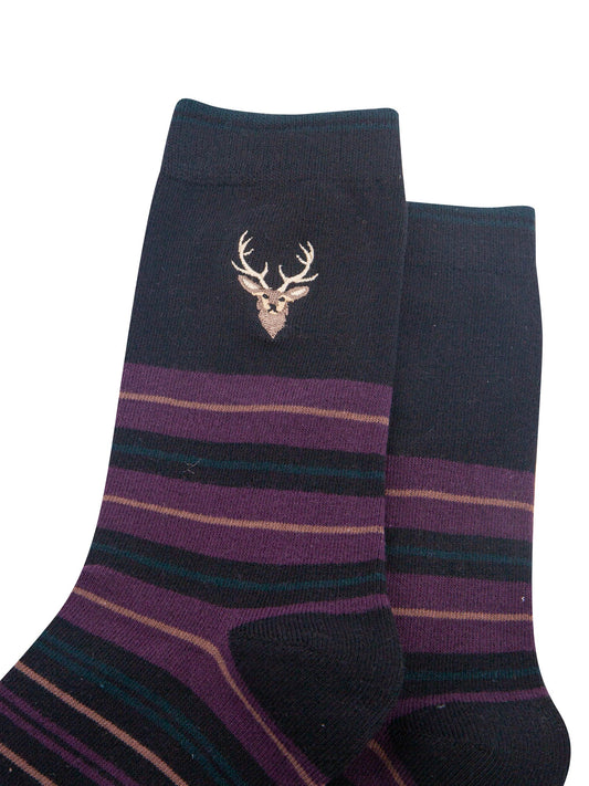 Stag-Combed-Cotton-Pattern-Embroidered-Socks-in-Black/Aubergine-Close-Up