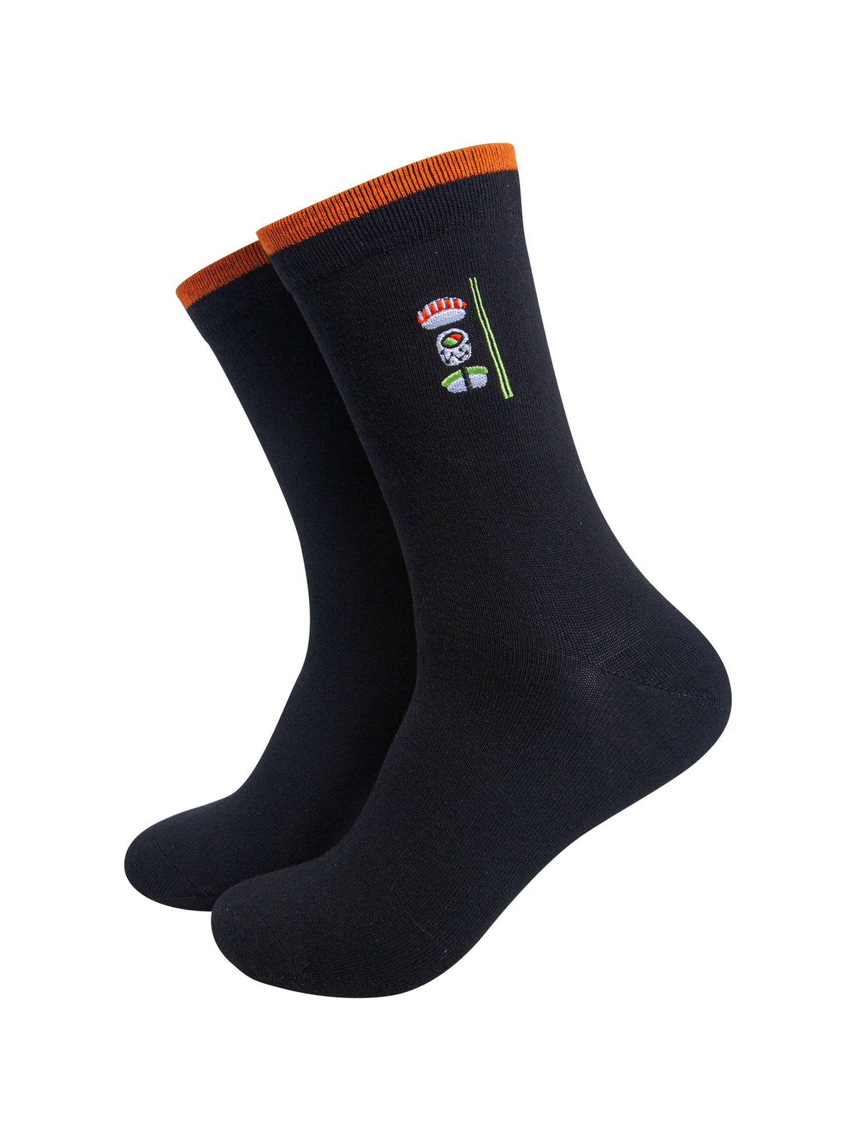 Sushi-Combed-Cotton-Pattern-Embroidered-Socks-in-Black-On-Mannequin