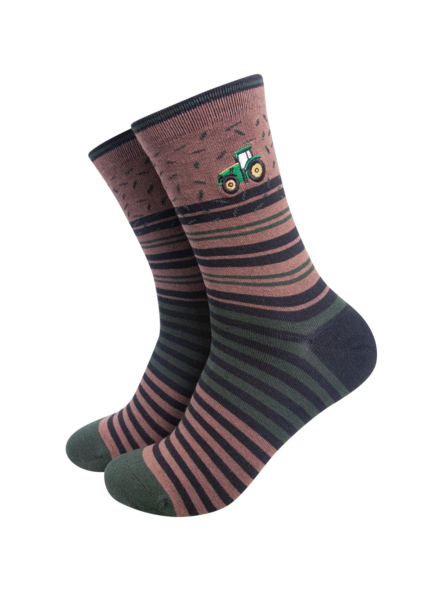 Tractor-Combed-Cotton-Pattern-Embroidered-Socks-in-Brown-On-Mannequin