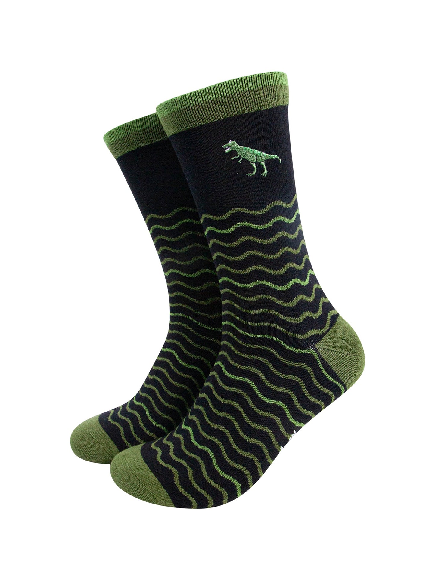 Embroidered-T-Rex-Wavy-Striped-Combed-Cotton-Socks-in-Black/Green-Mannequin